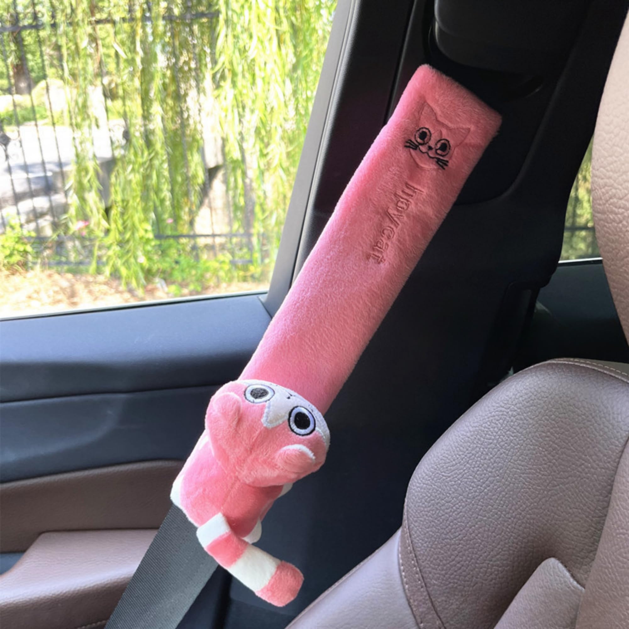Paquete de 2 almohadillas para cinturón de seguridad, fundas suaves de 11.8 pulgadas para mayor comodidad y diversión, ajuste universal (gato rosa)
