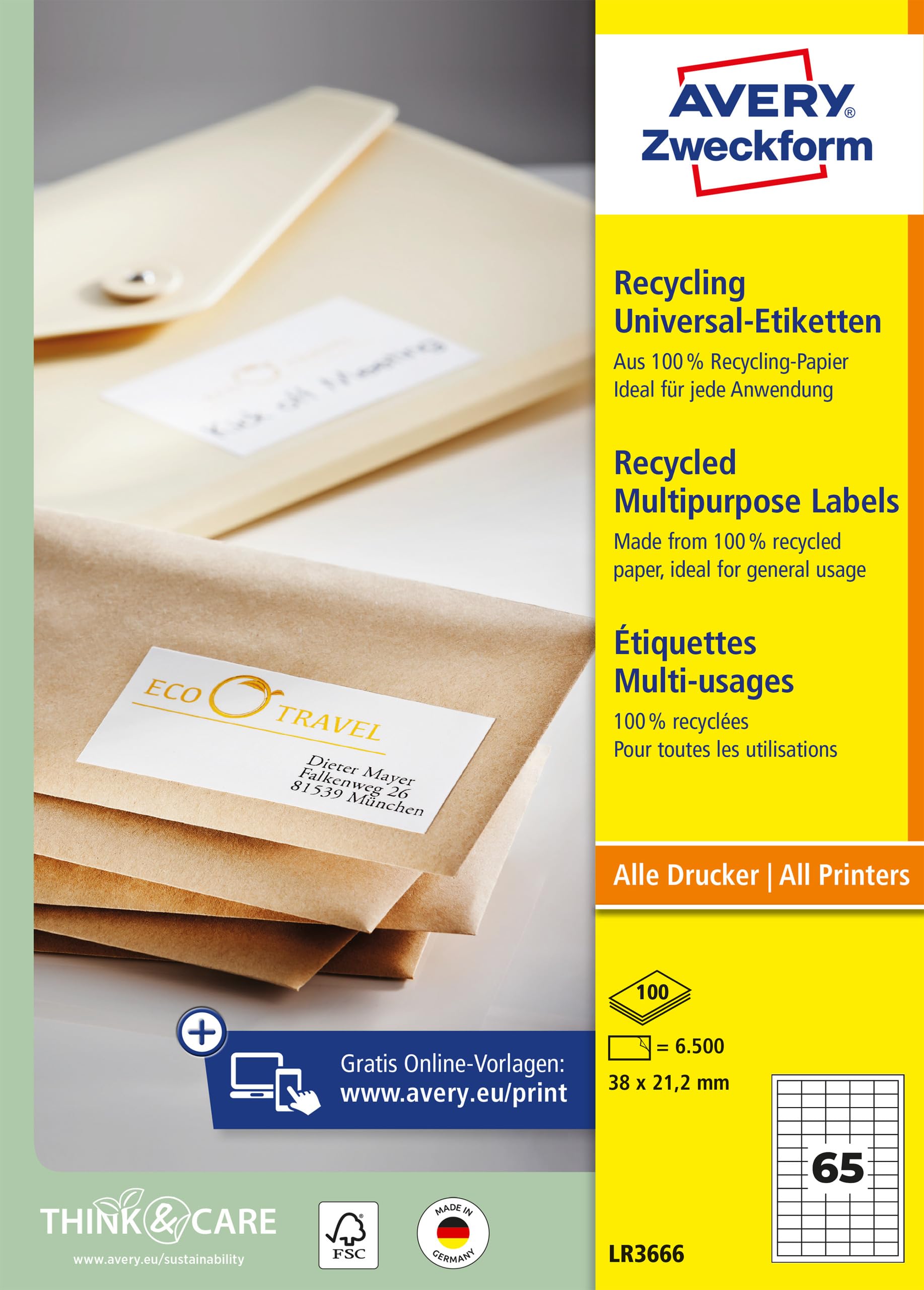AVERY Zweckform LR3666 Recycling Etiketten (6.500 Klebeetiketten, 38x21,2mm auf A4, 100% recyceltes Altpapier, individuell bedruckbar, selbstklebende Aufkleber) 100 Blatt, naturweiß