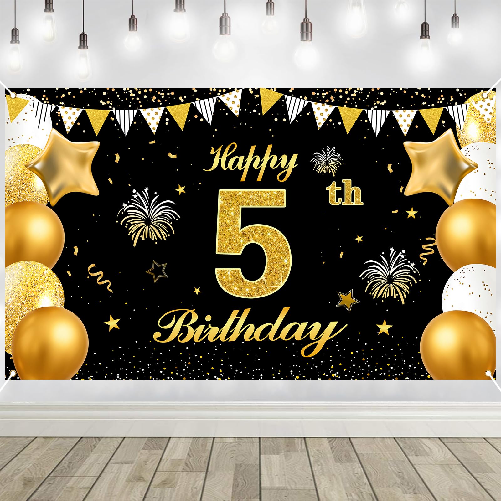 5th Birthday Decorations Banner Gold Black Happy Birthday Door Banner for Party Photo Backdrop for Men Women Home Outdoor Cover Party Decoration Supplies Poster — image 1