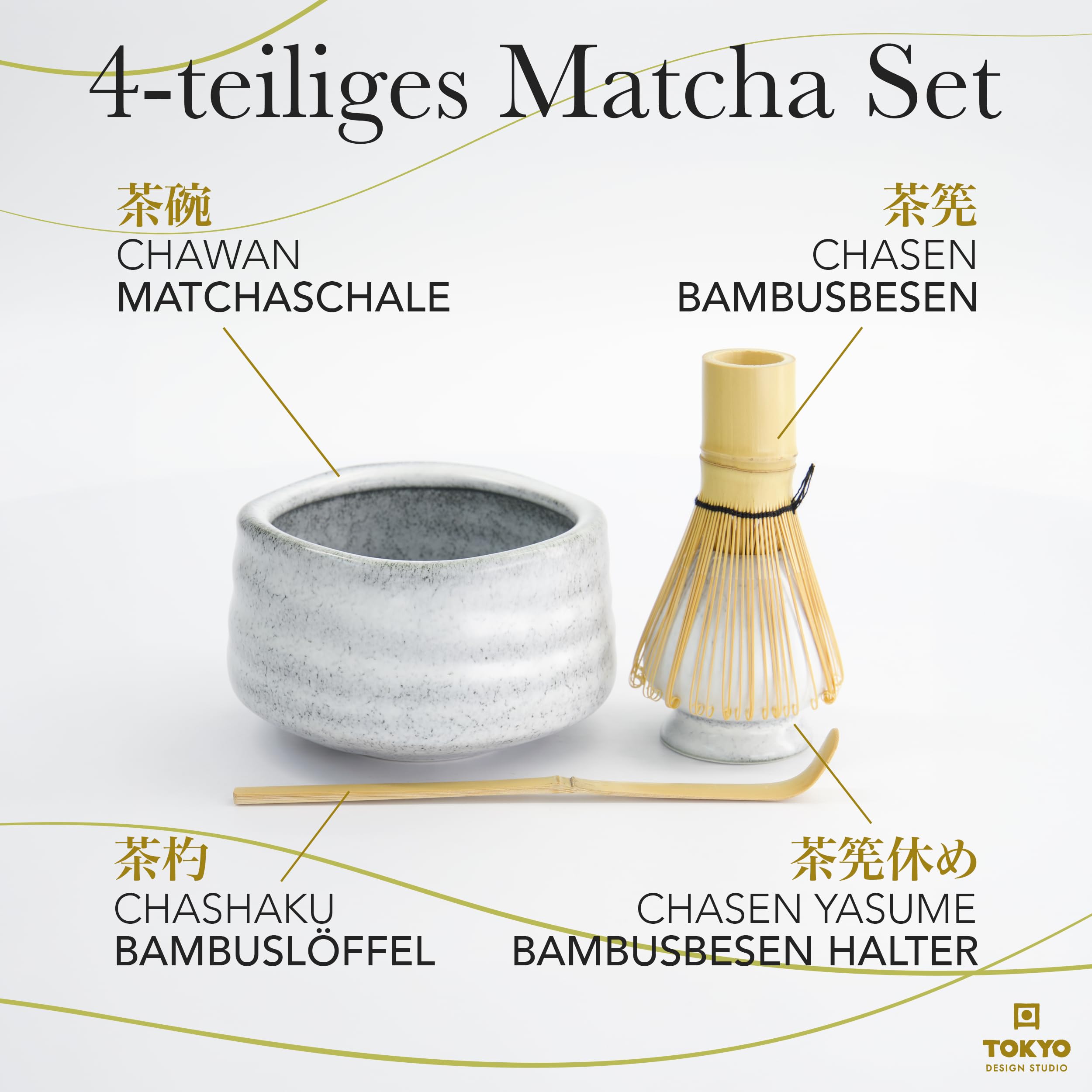 TOKYO design studio – 4-teiliges Matcha Set in hochwertiger Geschenkverpackung - mit Matchaschale, Bambusbesen, Bambuslöffel & Teebesenhalter – Traditionelle Teezeremonie – Edle Keramik in Grau