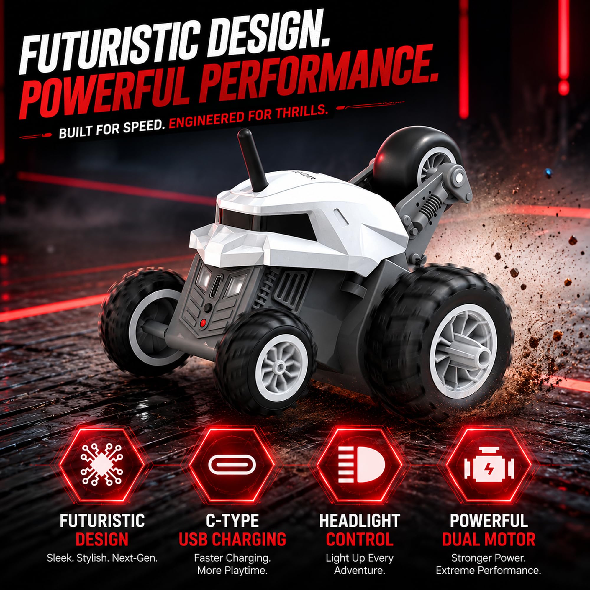 Mirana Warrior 360° Remote Control Stunt RC Car for Kids | Dual Motor, 7 Auto Stunt Modes, Speed Boost & LED Headlights | Rechargeable Vehicle Toy with USB Type C Charging | White 1