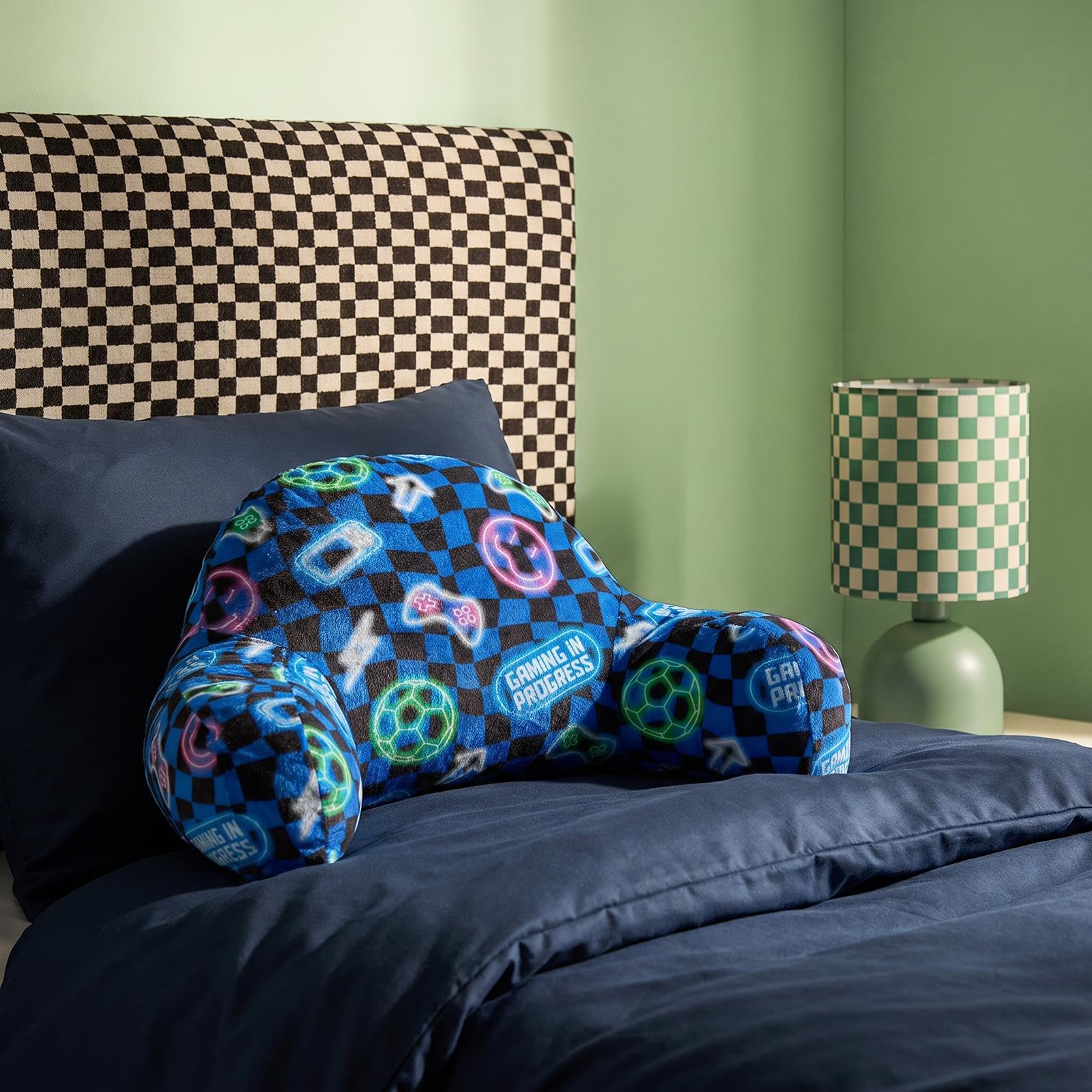 OHS Kids Cuddle Cushion Backrest Gaming Pillow with Arms, Blue Checkerboard