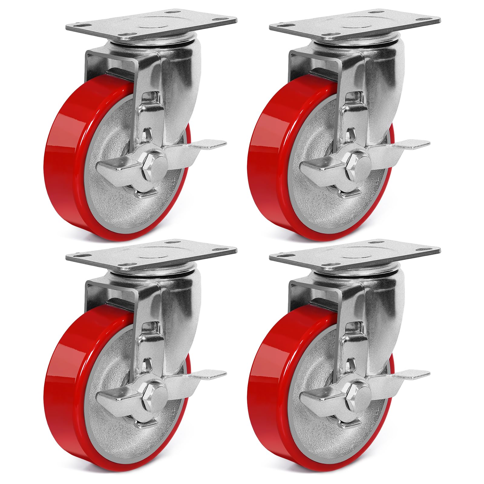 Sohnvwtgd 4 Inch Heavy Duty Casters, Swivel Caster Wheels With Brake, Polyurethane On Steel Wheel- Casters Set Of 4 With 2000 Lb Capacity, Caster Wheels For Furniture Workbench Cart (4 Side Brake)