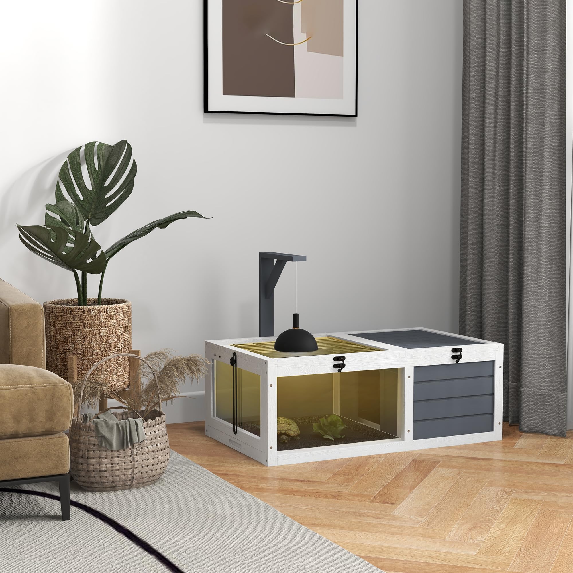 PawHut House gabbia per tartarughe di piccole dimensioni con 2 spazi, portalampada 2 vassoi scorrevoli, 81 x 48 x 31,5 cm - legno massiccio grigio