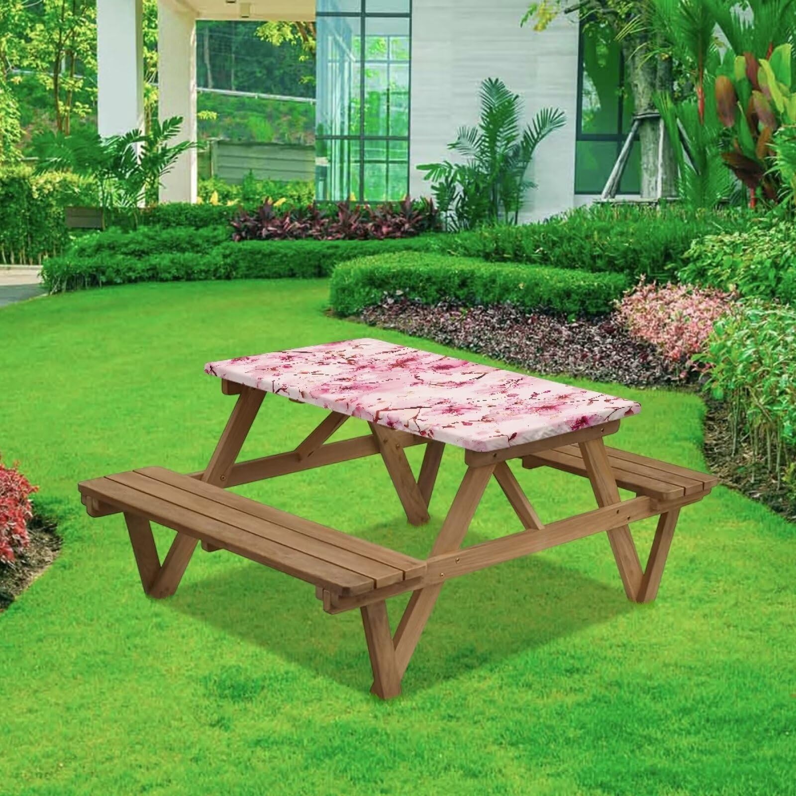 Hudotybom Picnic Table Cover with Elastic Pink Floral Camping Table Cover for Picnic Table Rectangle Tablecloth for Garden, Park Camping Essentials for Camper, 94x30 Inches