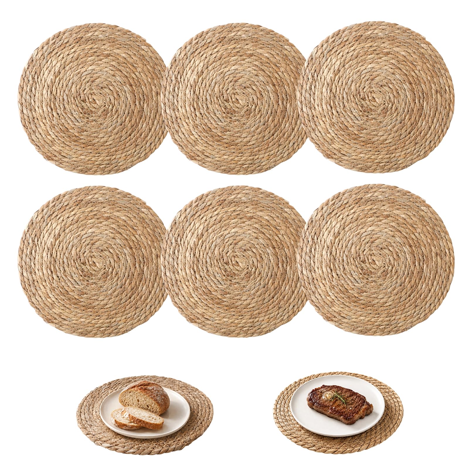 6 Round Woven Placemats, 30cm Natural Table Mats for Dining Tables