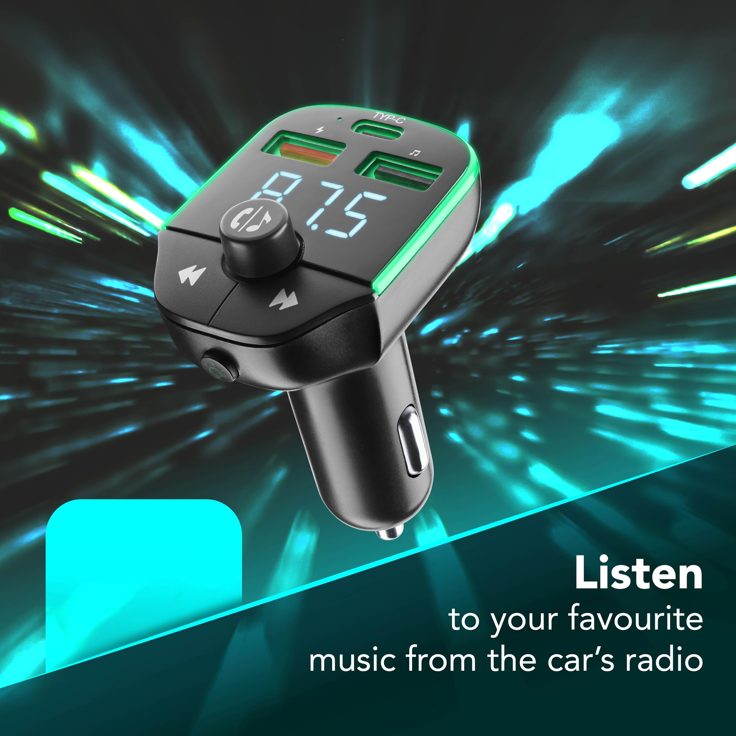Cellularline - Car FM Transmitter - Trasmettitore FM Bluetooth® per autoradio - USB Music Player - Caricabatterie Auto 20W - Quick Charge 3.0 - Chiamate Hands Free - Luci RGB - Nero