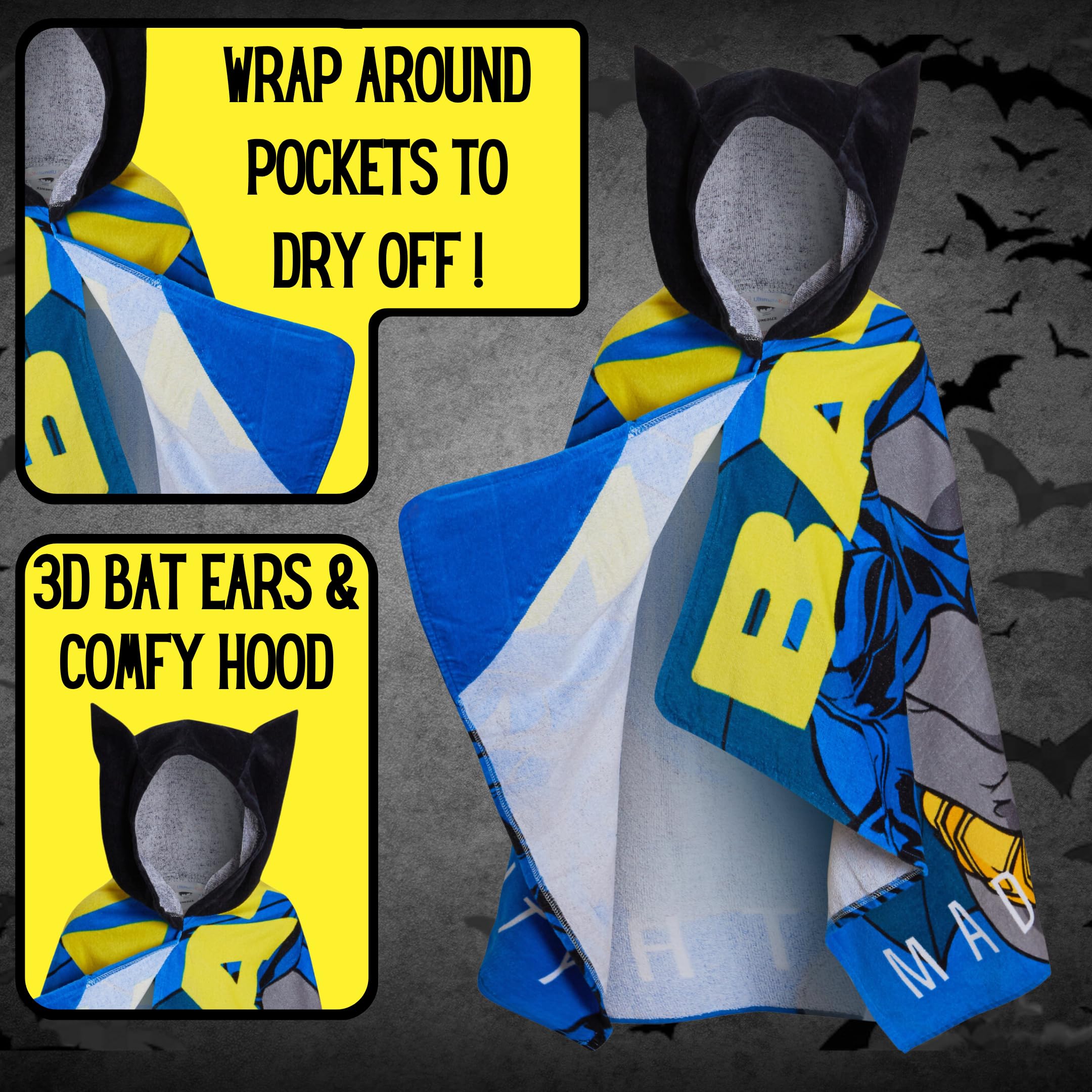 DC Comics Asciugamano con cappuccio Batman 100% cotone Poncho per bambini Asciugamano da spiaggia per ragazzi Asciugamano da bagno Copertura per nuotare Accappatoio