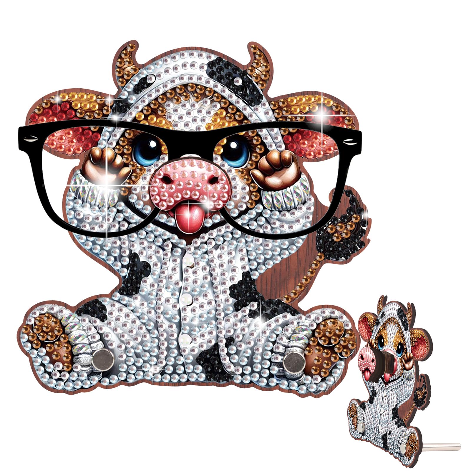 DIY Special Shaped Diamond Art Glasses Holder, Wooden 5D Rhinestone Eyeglass Stand for Adults, Diamond Art Tabletop Ornament, Handmade Desk Organizer & Decor Craft Gift(Funny Cow)