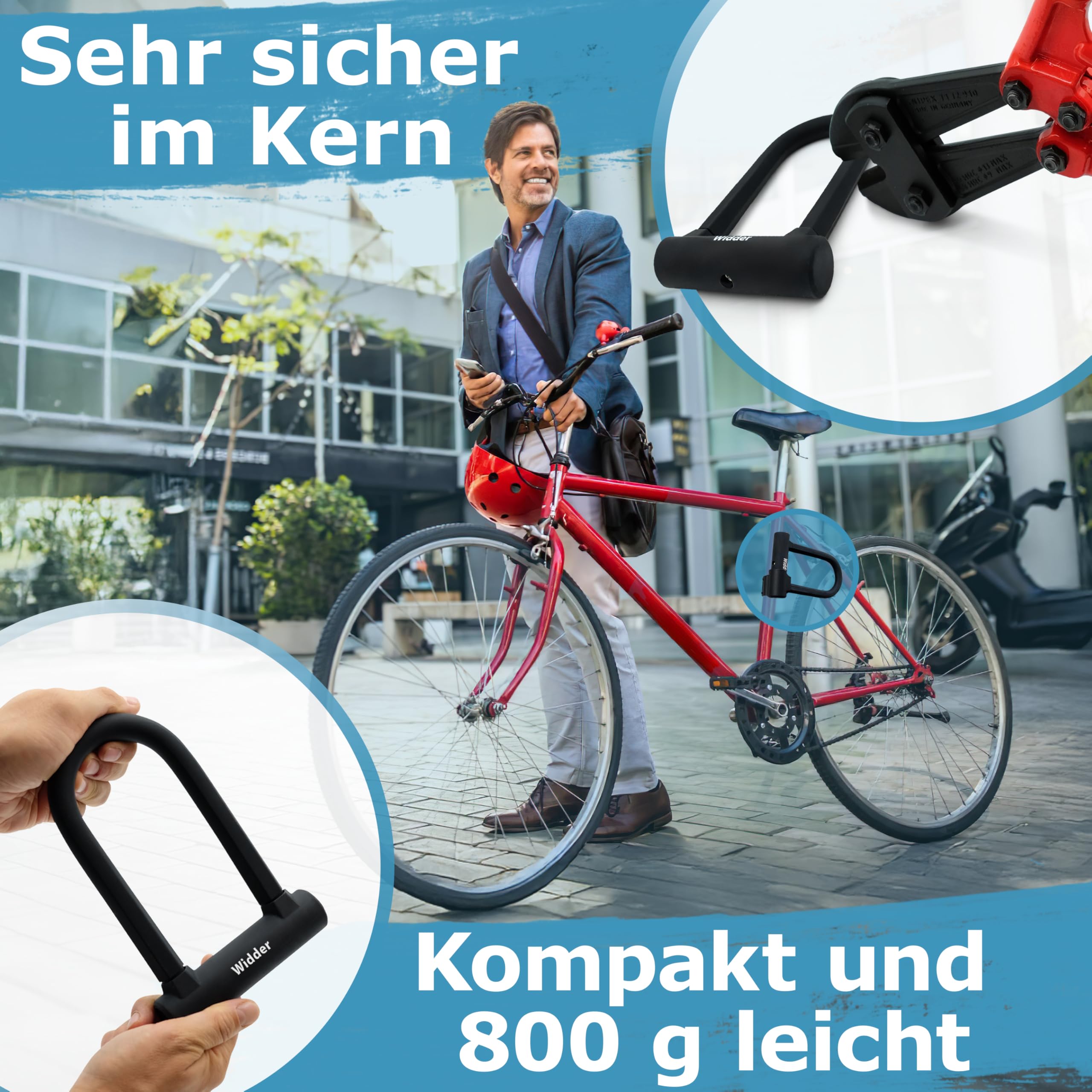 WIDDER kleines Bügelschloss Fahrrad [Hochsicherheitsschloss nur 800g] – 14mm Massiv Stahl Bügel – Fahrradschloss hohe Sicherheit – Halterung & 3 Schlüssel, e Bike Lock e Scooter U Lock Rennrad Schloss