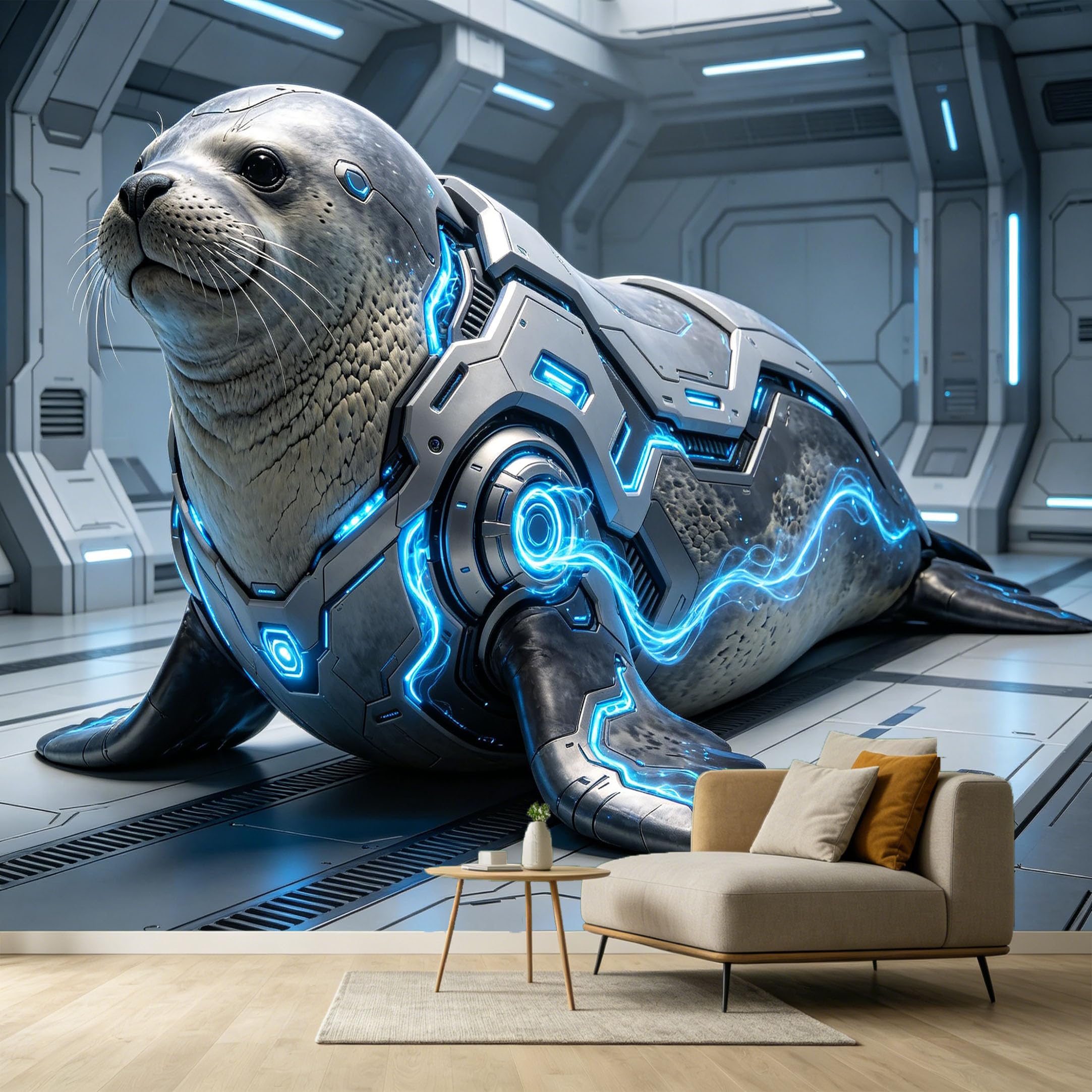 Custom Size Wall Murals Futuristic Cybernetic Seal Animal Industrial Modern 3D Trompe L'Oeil SelfAdhesive Wall Fabric Removable Large Wallpaper for Photo Living Room