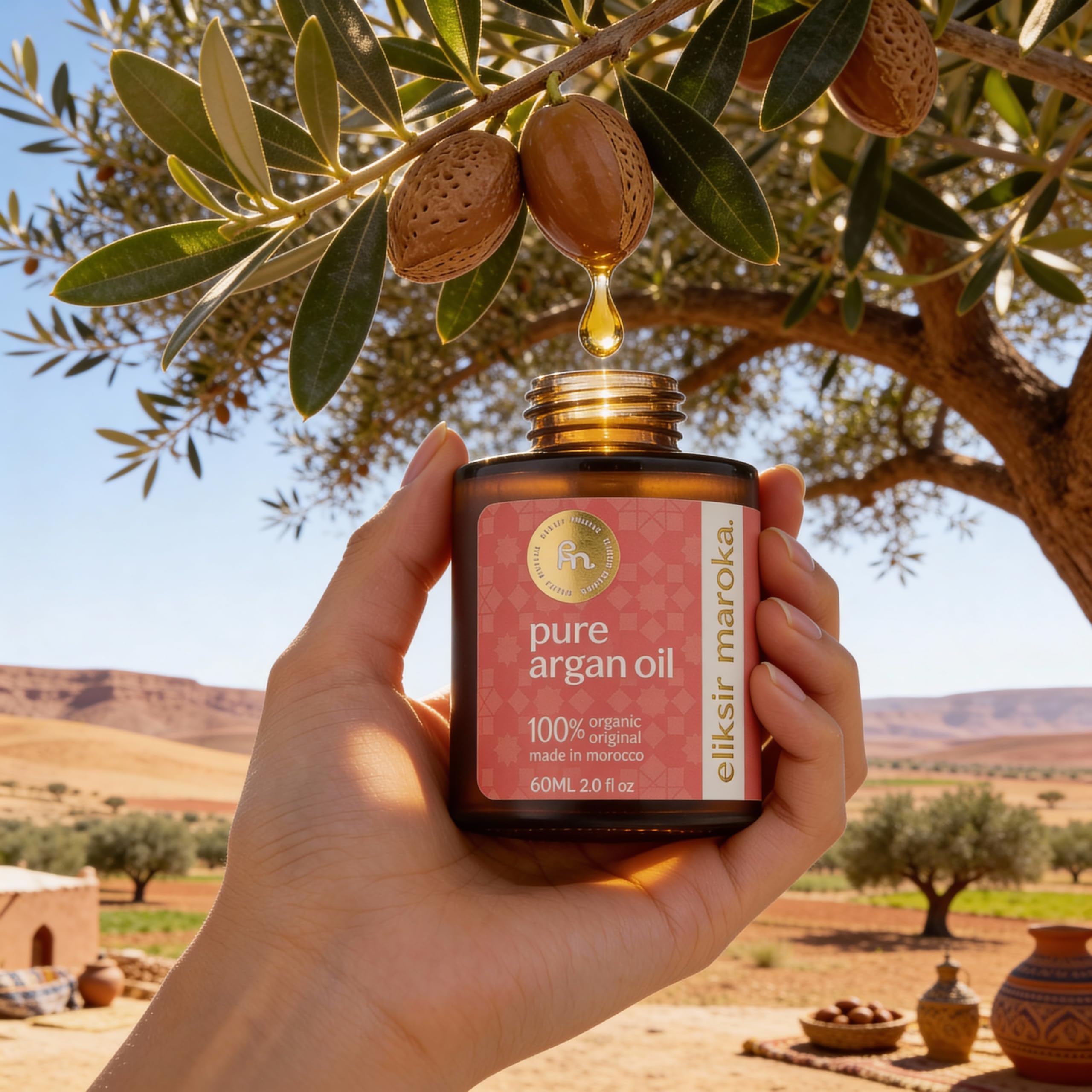 Olej Arganowy 100% Naturalny Dezodoryzowany 60 ml – Eliksir Maroka – Olejek do Twarzy, Ciała i Włosów – Tłoczony na Zimno