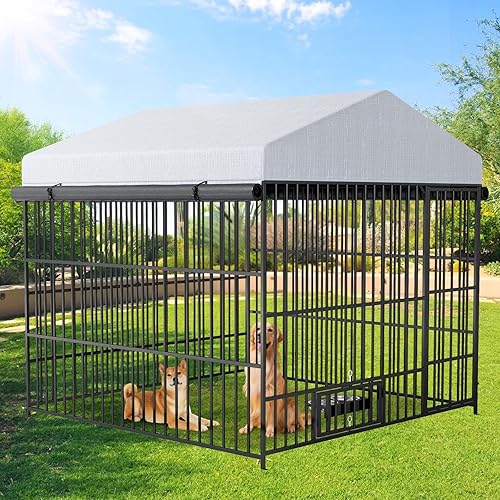 Rovibek Perrera para Perros con Techo, Caseta para Perros al Aire Libre con Cubierta Resistente al Sol de 3 Lados, Caseta Grande para Perros al Aire