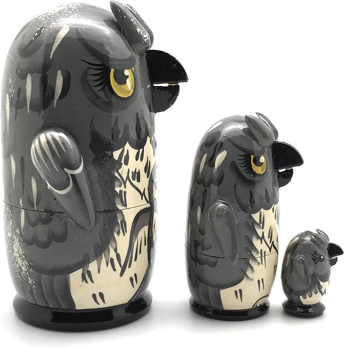 Gray Owl Russian Stacking Hand Carved Hand Painted Nesting 3 Piece Doll Set