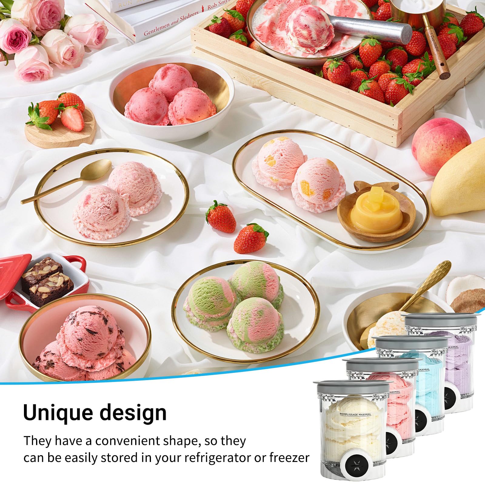 Bacs à Crème Glacée,4 Pièces Récipient Creami pour la Machine à Glace Ninja Creami,Récipients de Rechange Compatibles,pour Machine à Crème Glacée Ninja NC700 et NC701,Sans BPA