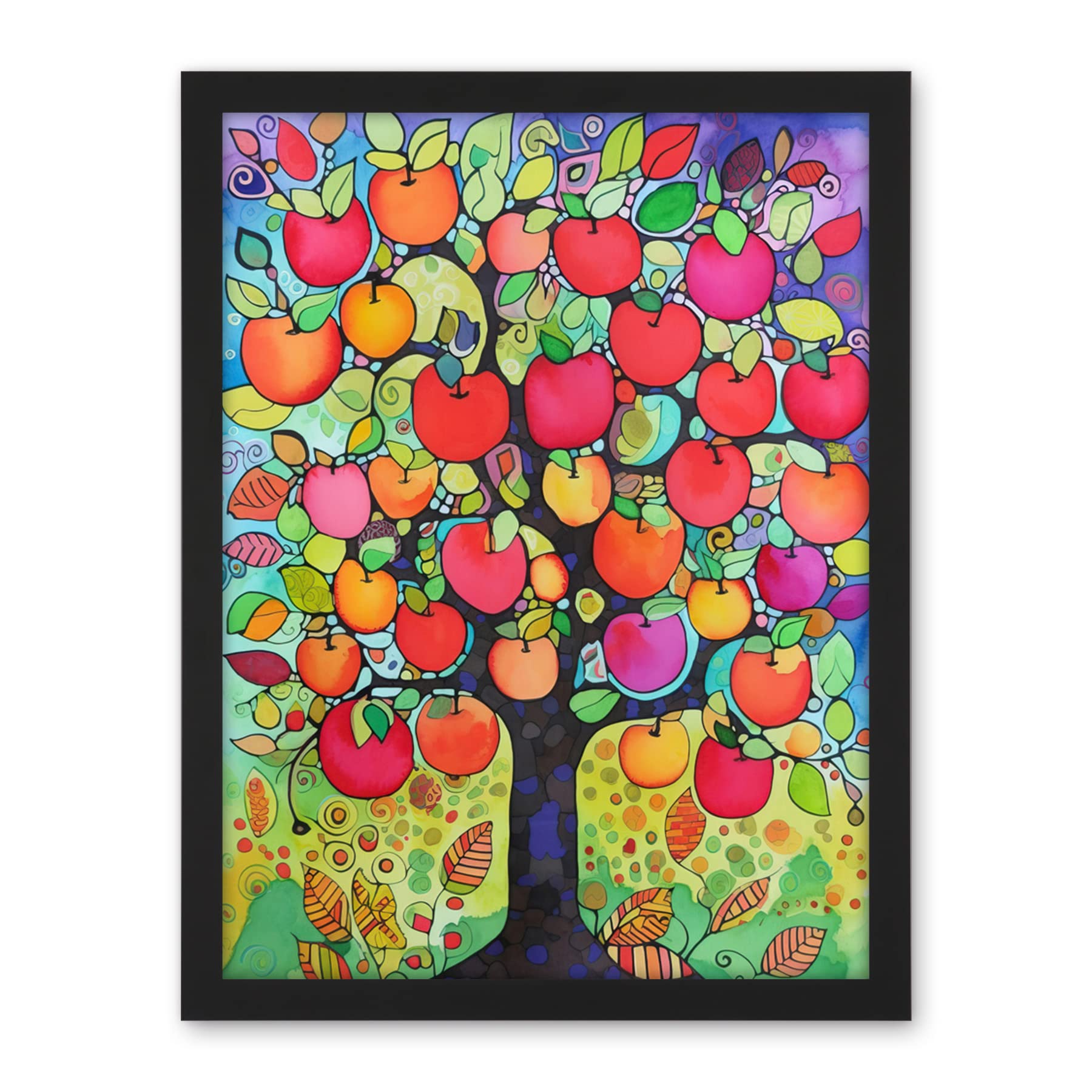 Artery8 Apple Tree Folk Art Bright Watercolour Painting Artwork Framed Wall Art Print 18X24 Inch