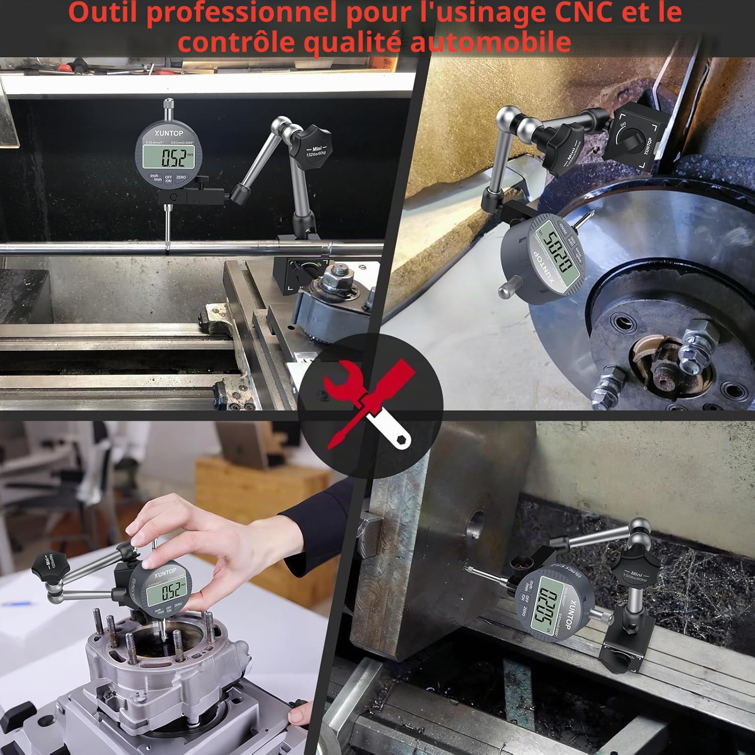XUNTOP Comparateur Digital 0-25.4 mm avec Base Magnétique 60 kg Indicateur Numérique Haute Précision 0,01 mm Zéro Automatique Conversion mm/pouce Support Articulé pour CNC Tour Fraiseuse