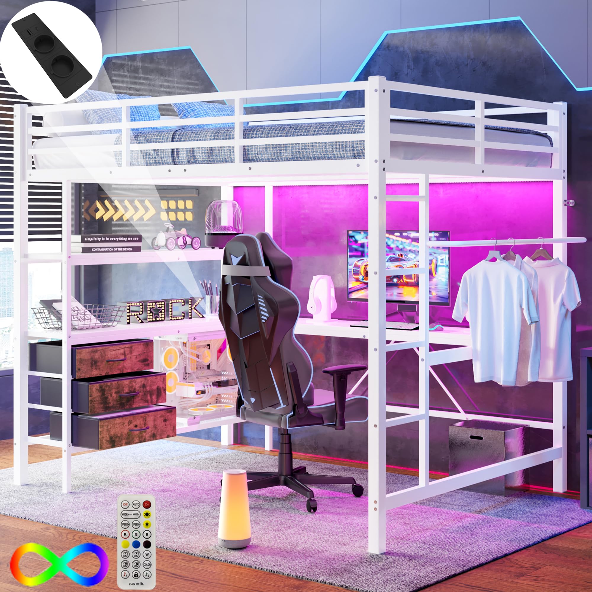 Letto a soppalco 140x200cm con telecomando presa + USB letto singolo con 3 cassetti di spazio portaoggetti ripiani ringhiere scale letti in metallo per gli per adulti ospiti bianco