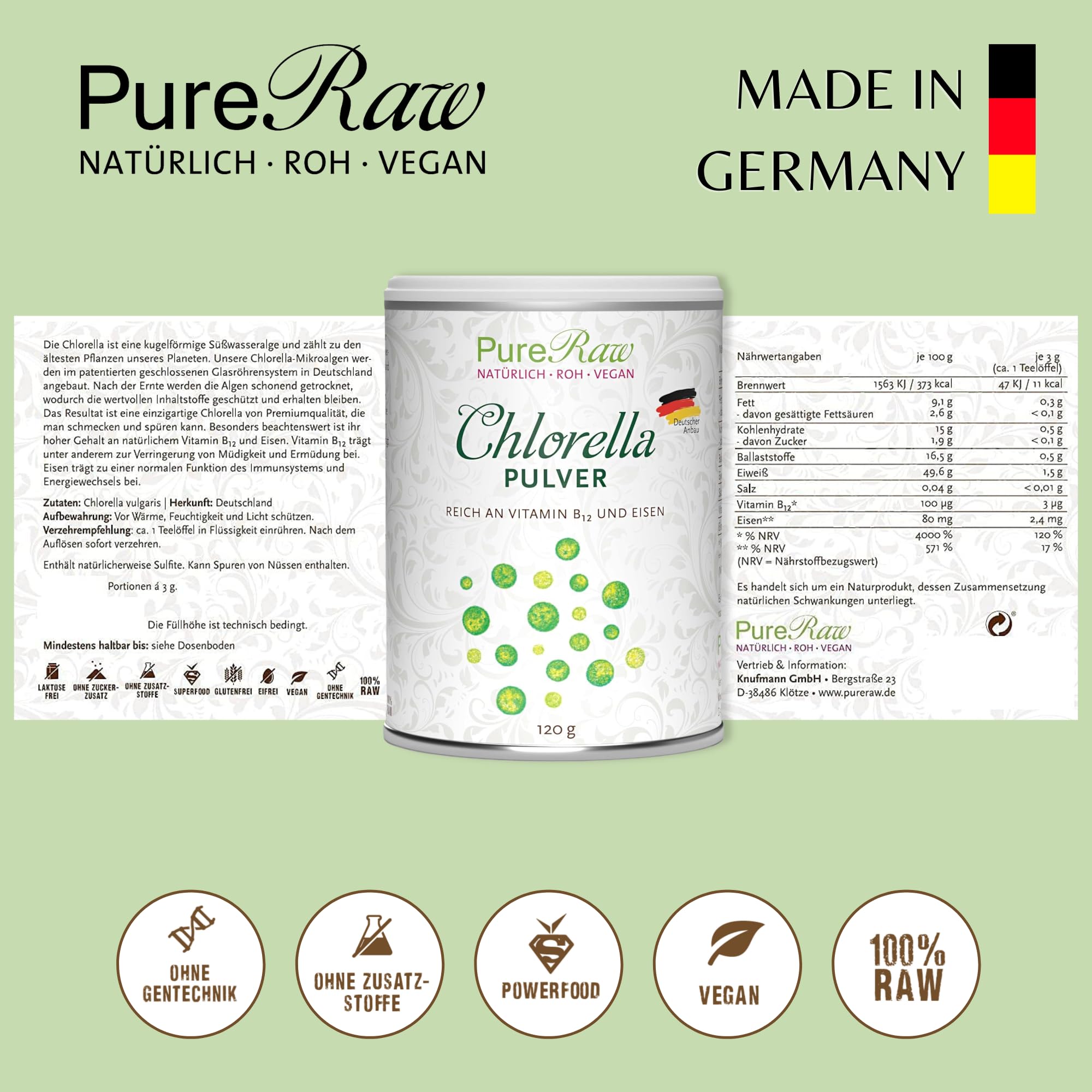 Chlorella Pulver 120g aus Deutschland - Regional, Rein & Kontrolliert (Roh Vegan) Algen reich an Vitamin B12 Eisen Spermidin Chlorophyll - Grüne Mikroalge Chlorella Vulgaris