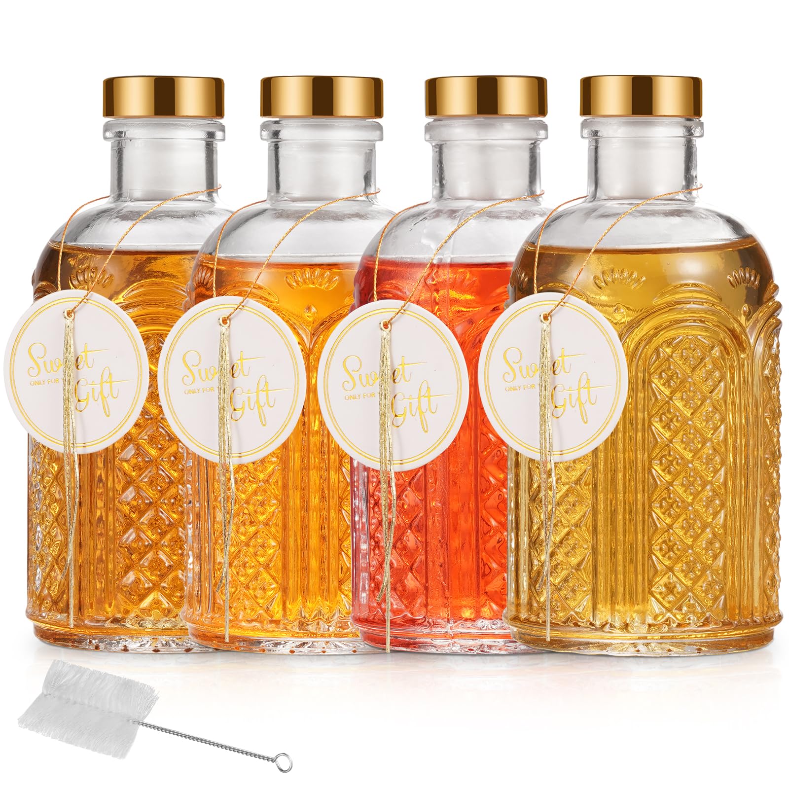 JEORGU Clear Glass Bottles - 7 oz, Pack of 4 | Heavy Base Glass Bottles with Gold Screw Caps, Gift Labels & Gift Box for Oil, Vinegar, Kombucha, Wine, Beverages, Beer, Water, Soda