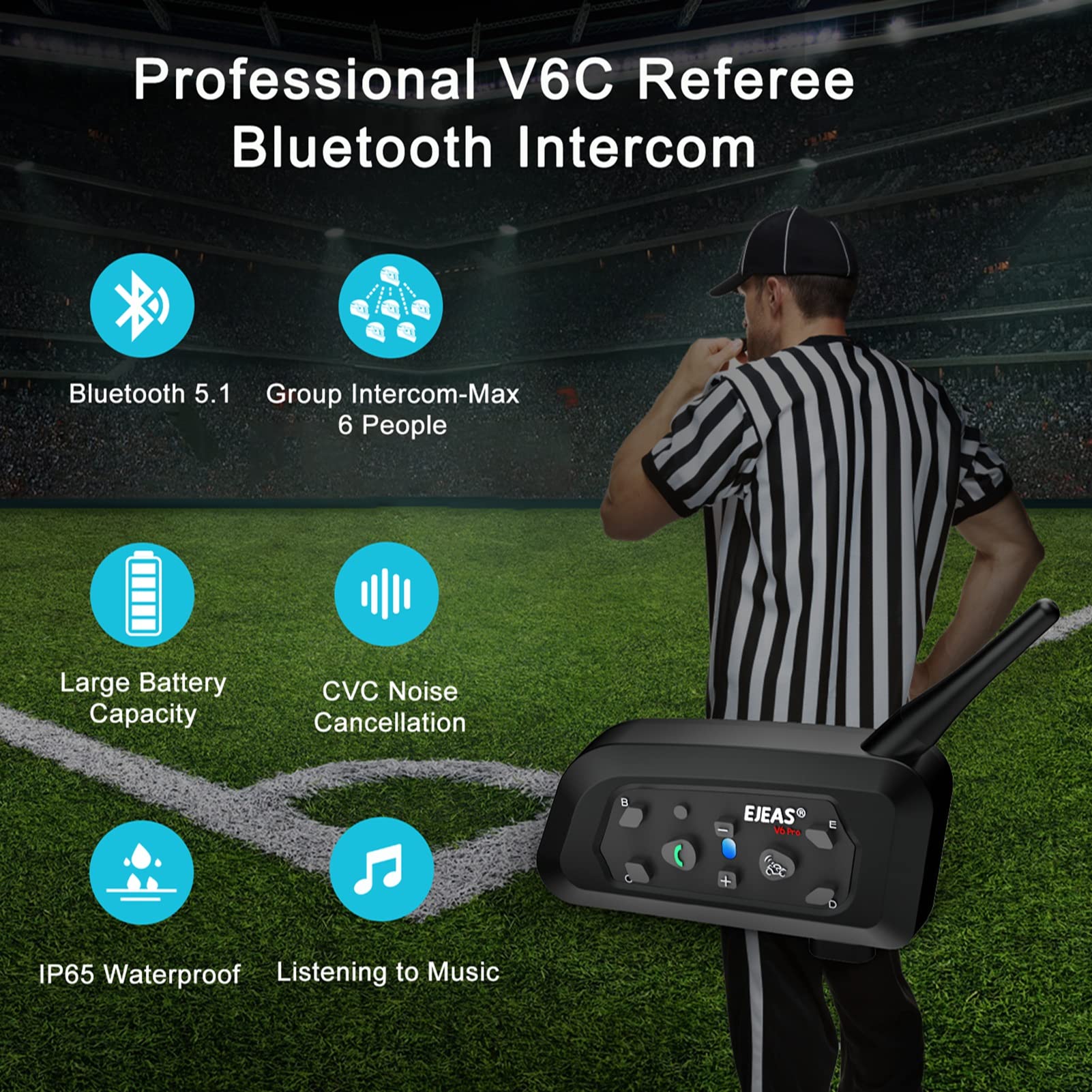 EJEAS V6C Casque Bluetooth Arbitre 850 mAh Full Duplex 1200 M Interphone Bluetooth sans Fil avec Casque et Bracelet de Course pour Soccer Hockey Rugby Sport, USB-C (1 pièce)