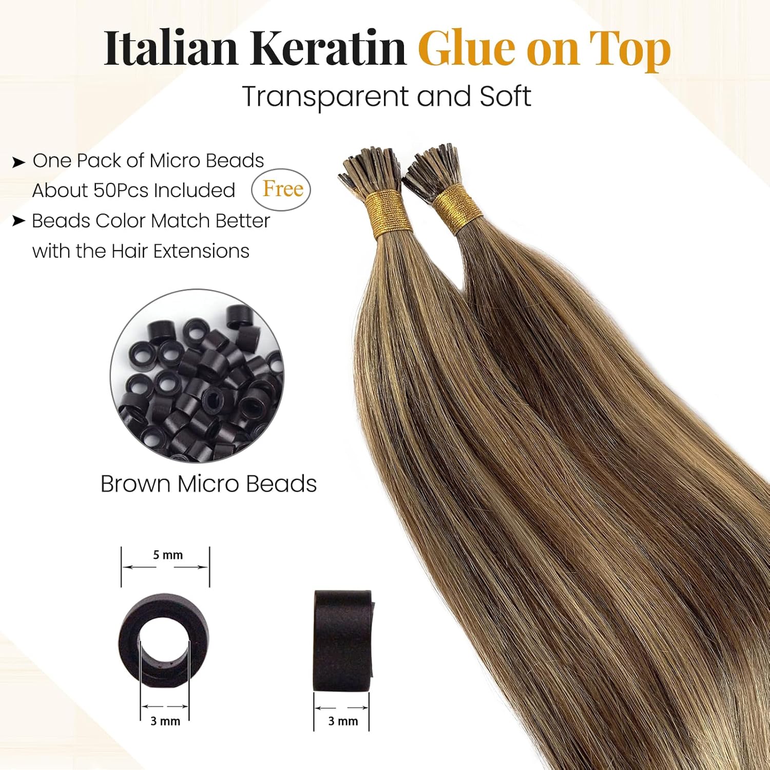 I Tip Hair Extensions Real Human Hair Brown with Blonde Keratin Hair Extensions 50g 100g Itip Human Hair Extensions Caramel Blonde Highlighted Medium Brown I Tips Extensions 14 Inch