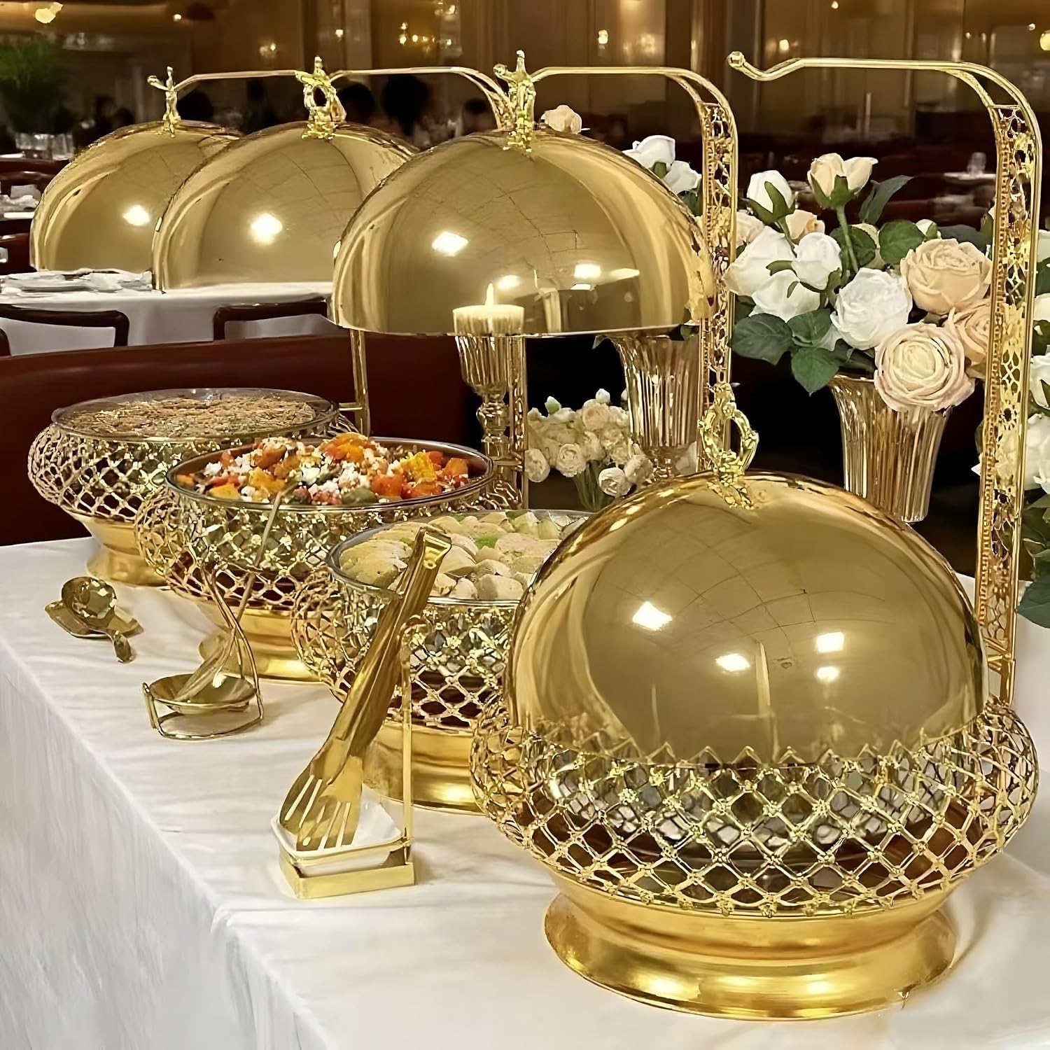 Party Wedding Table Setting Food Warmer Golden Fancy Elegant Cheffing Dishes with Hanging Lid Gold Chaffing Dishes (Gold, 8QT)