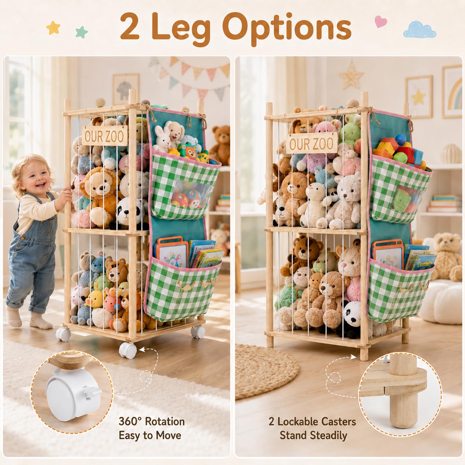 Kuscheltier Aufbewahrung aus Holz, 95cm Stofftier Aufbewahrung mit Rollen & 2 Hängetaschen, Plüschtier Aufbewahrung Kinderzimmer