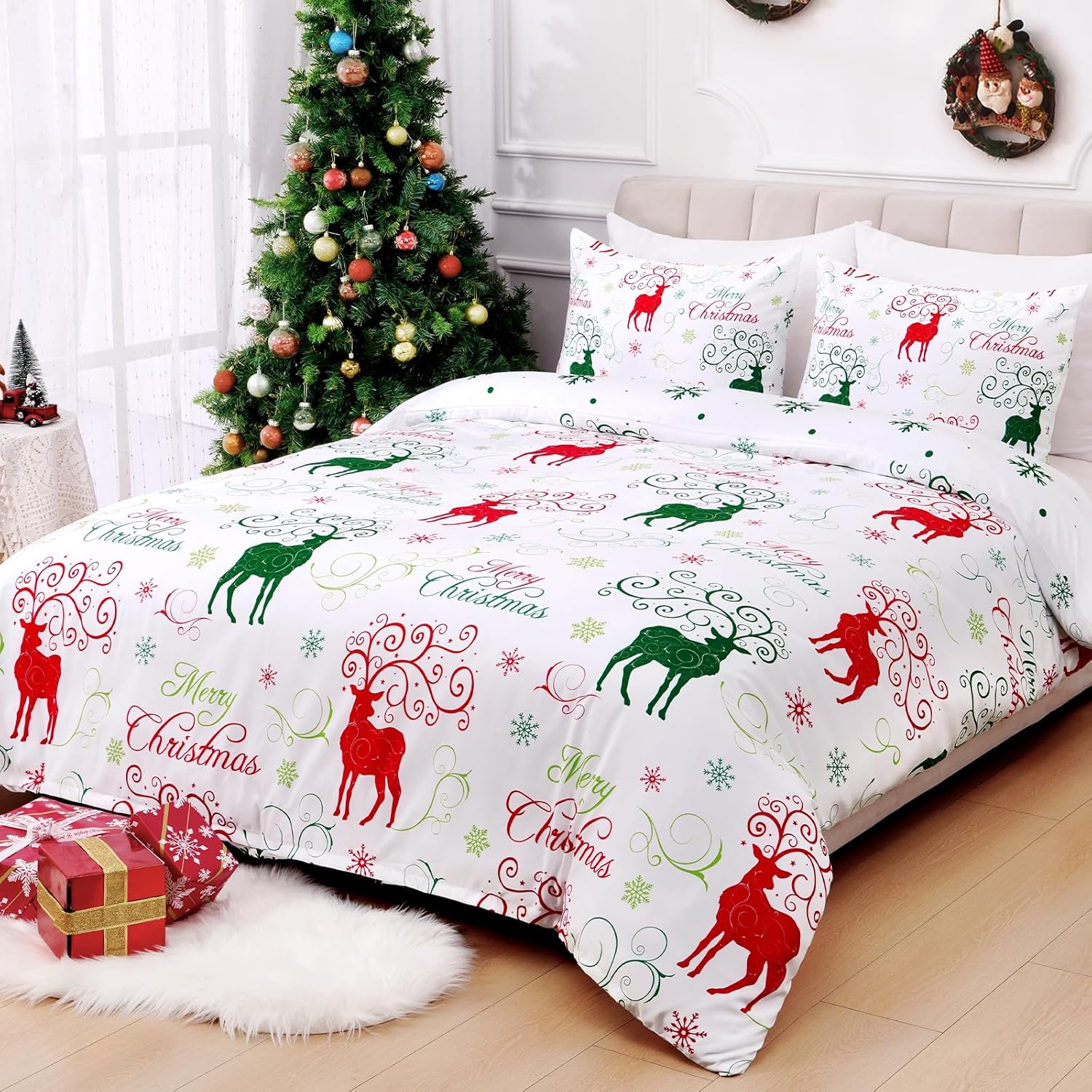 FRAMICS Christmas Duvet Cover Queen Size, Soft Microfiber Christmas Reindeer Comforter Cover Set with Zipper Closure, Merry Christmas Bedding with 4 Corner Ties, 1 Duvet Cover 90"x90" + 2 Pillowcases Multicolor Queen(90" x 90")