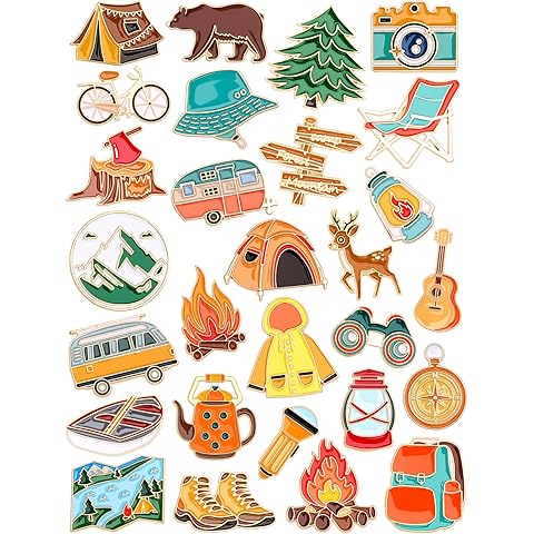 JUNEBRUSHS 28 pcs Camping Enamel Funny Outdoors Adventure Brooch Pins Lapel Pins for Camping Adventure Birthday Party Decorations Gift Supplies Clothes Backpacks Decor Accessories