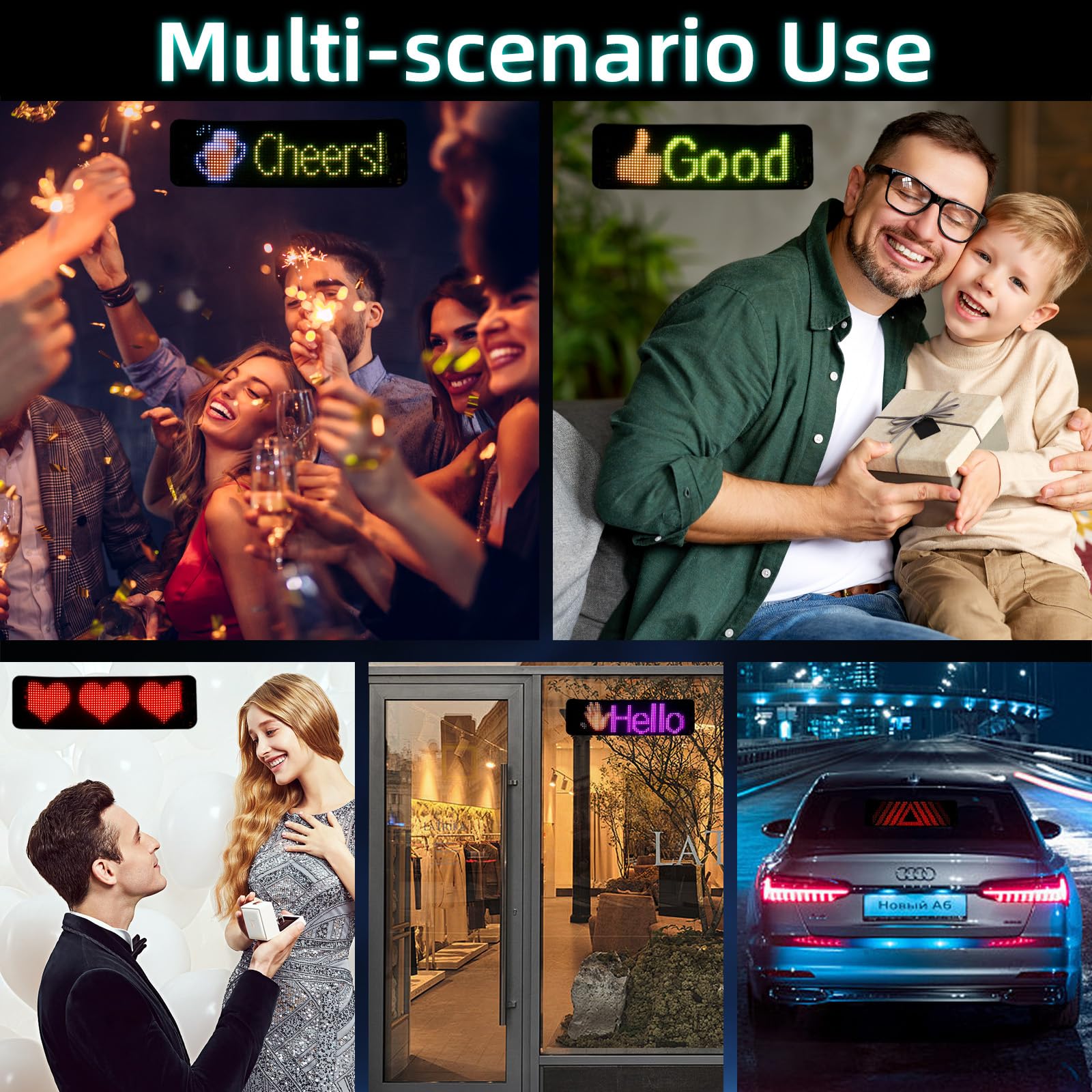 Letrero LED para automóvil, 2 unidades, 23.6 x 4.7 pulgadas, luz de ojos del diablo YXNXLIGHT para parabrisas, LED programable por USB de 5 V, impermeable, flexible, control de aplicación remota