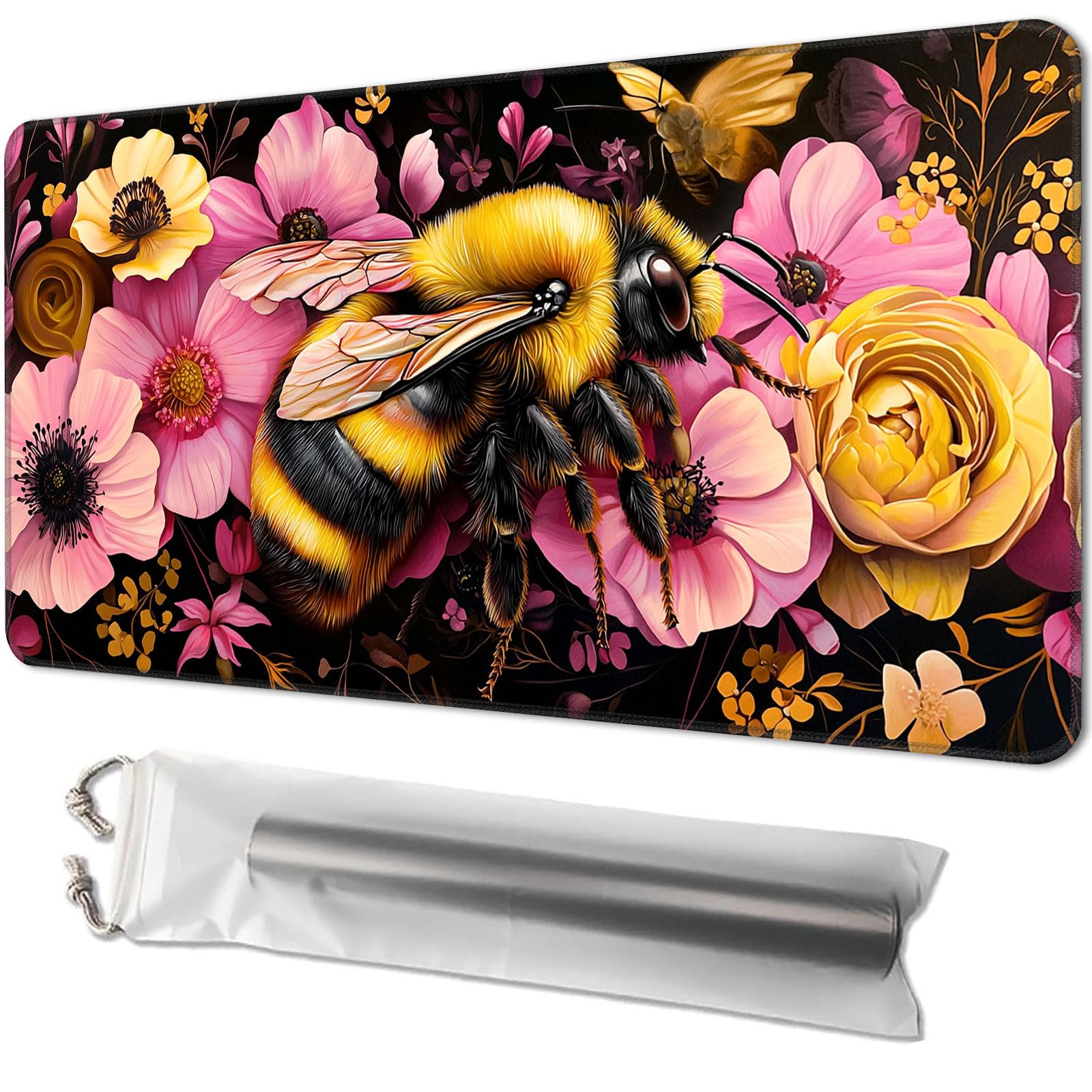 Playmat for TCG, with Free Storage Bags, Game Mat 24 x 14 inches, MTG and Board Game Mat for Cards, Ideal for Card Game Enthusiasts, Bee Flowers