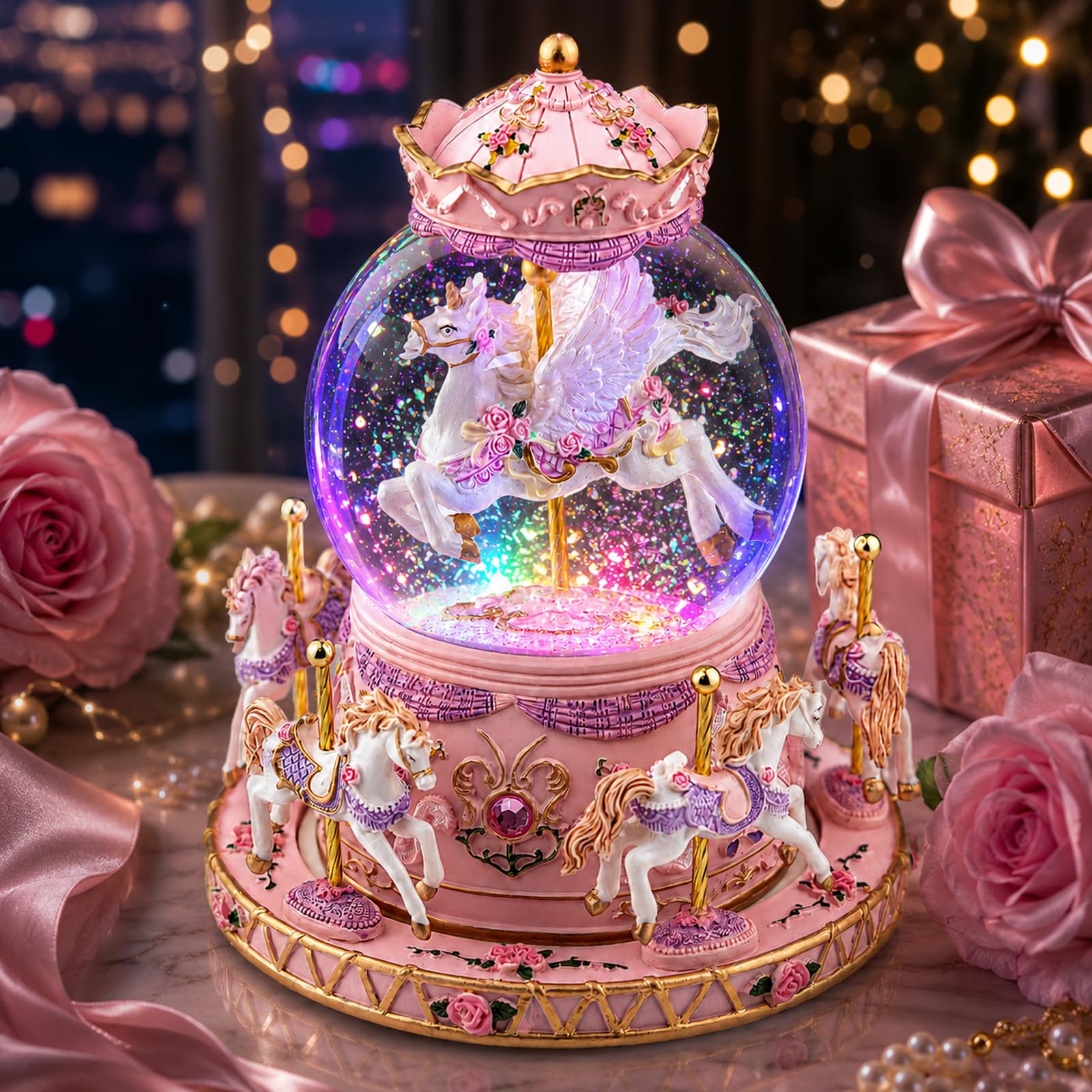 Mr.winder Girls Play You Are My Sunshine Tune Music Box Unicorn Carousel Horses Snow Globe Gifts, Birthday Gift For Daughter Women, Musical Carousel For Wife Friend Sister Anniversary Christmas Play You Are My Sunshine