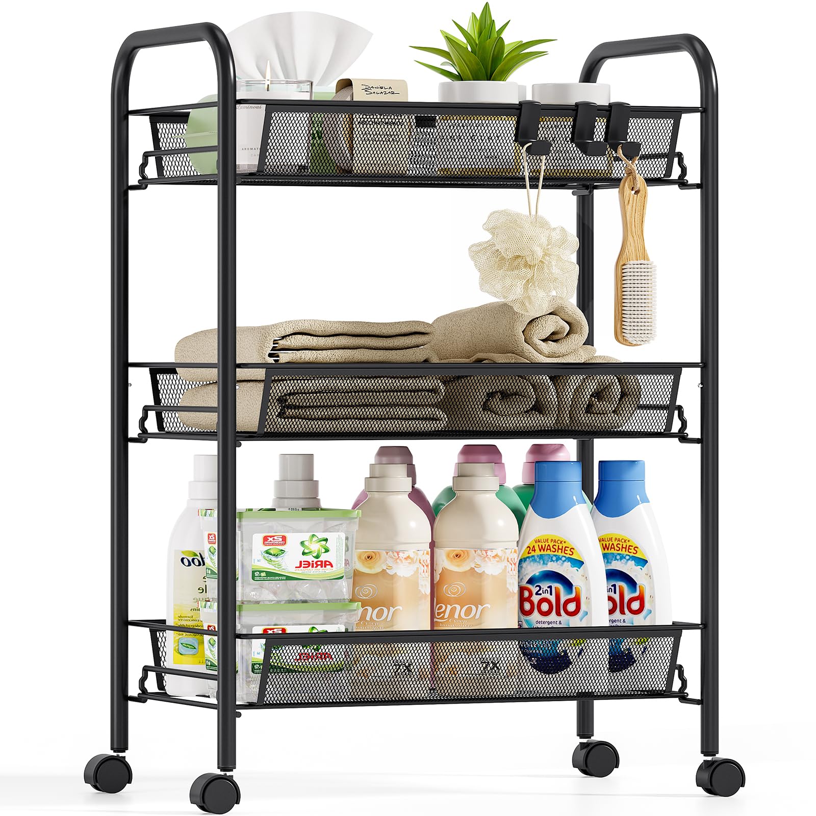 Urackify Carrito Auxiliar con Ruedas 3 Niveles, Carro Cocina Móvil para Baño, Cocina Carro de Almacenamiento con Ruedas de Metal Resistente al Óxido, Negro