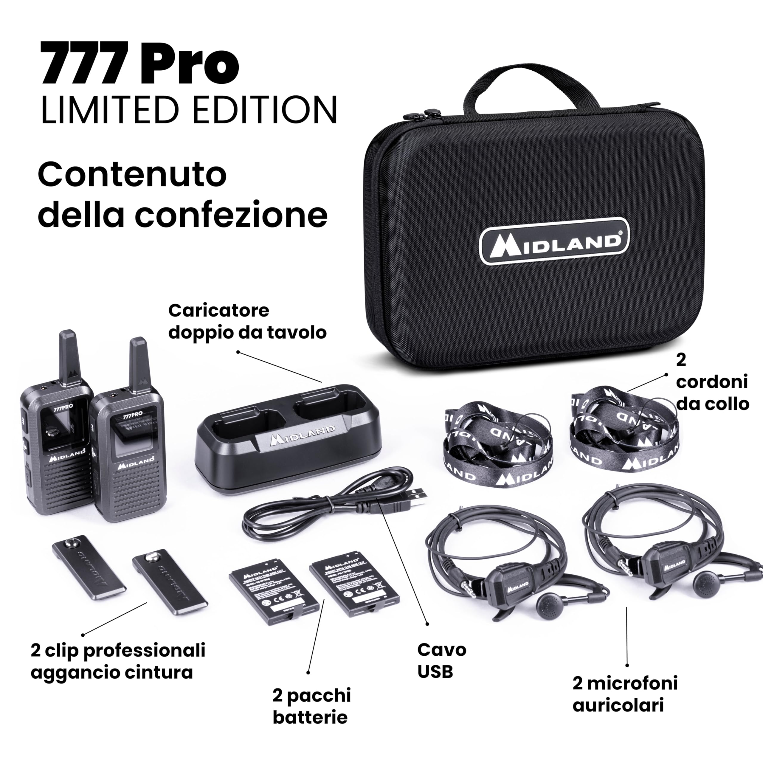 Midland - Walkie Talkie 777 Pro Limited Edition, 2 Ricetrasmittenti 85 Canali PMR446/LPD, 38 CTCSS, VOX, 2 Batterie, Display LED, 2 Cuffie MA21-777 Pro, Caricatore Doppio, 1 Cavo MicroUSB, Valigetta