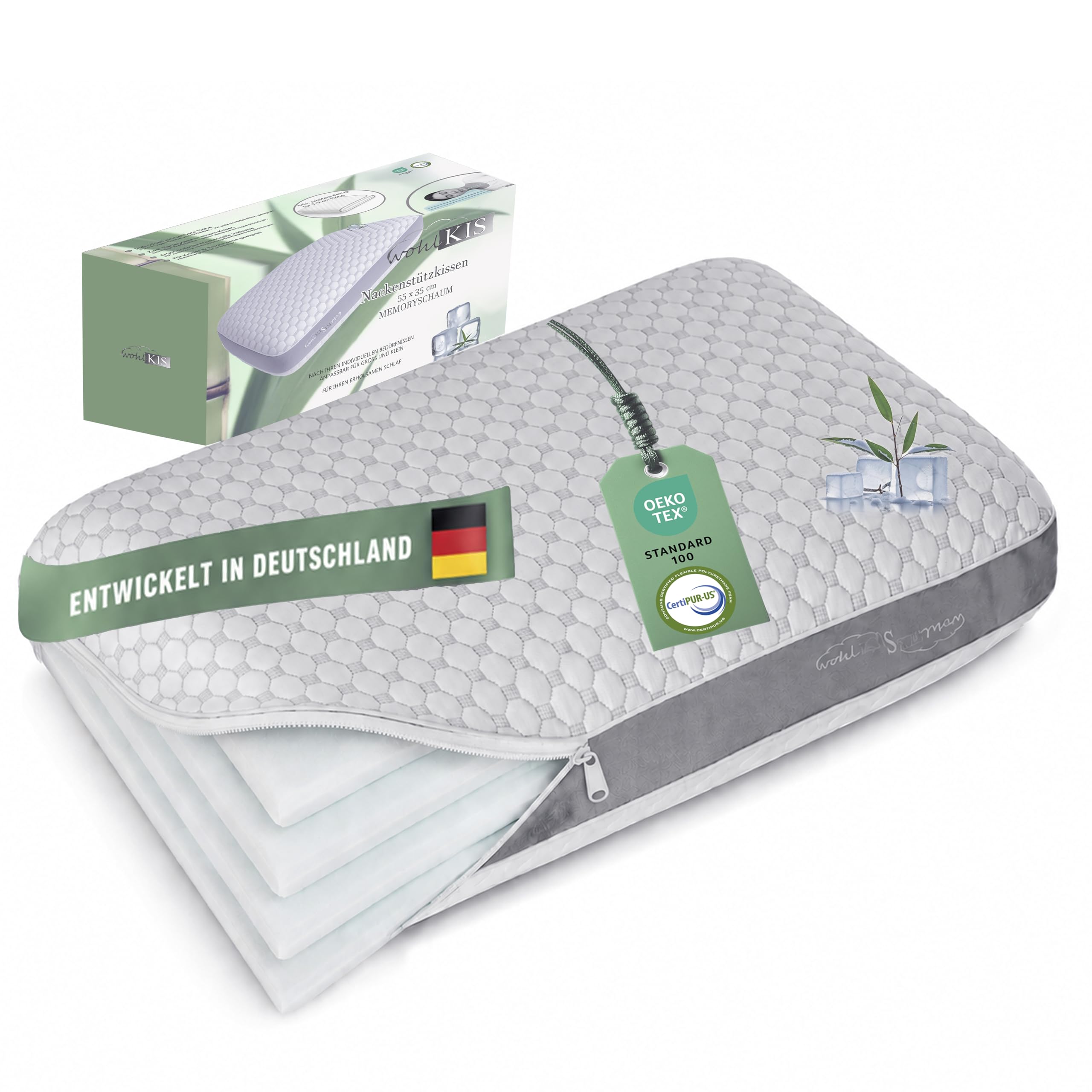 Nackenkissen Memory Foam – ergonomisches Kopfkissen 55x35x12 cm, höhenverstellbar -Seitenschläferkissen -Bauchschläferkissen - Rückenschläferkissen