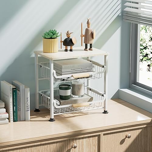 Miniatura 9 de Cesta de frutas y almacenamiento de despensa de cocina, mesa superior de madera, cesta de alambre de metal extraíble para frutas, verduras,