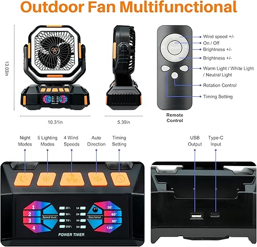 Miniatura 8 de Ventilador remoto portátil, 20000 mAh, 4 velocidades, recargable por USB. Perfecto para interiores, exteriores, camping, viajes, pesca, barbacoa y