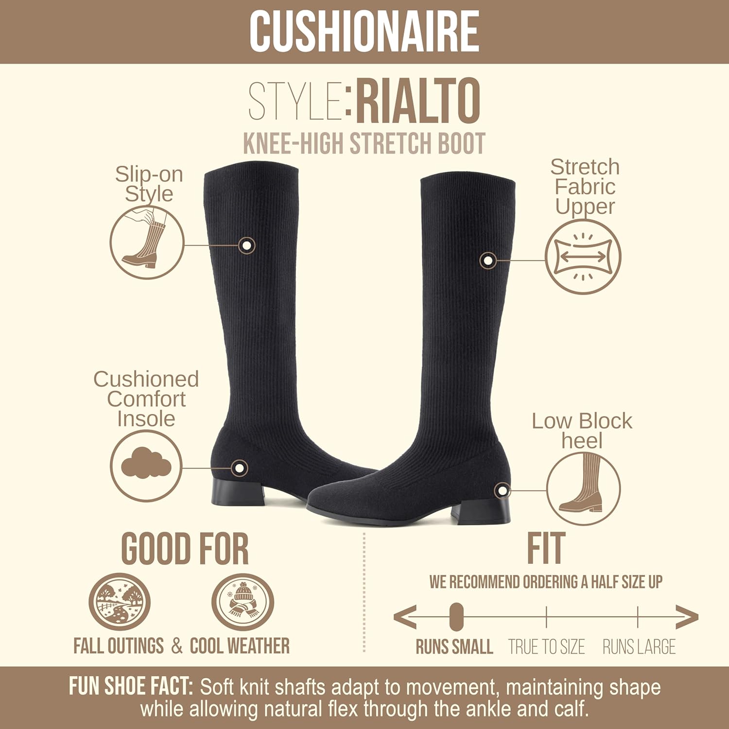 CUSHIONAIRE Rialto Women’s Knee-High Stretch Boot – Slip-On Tall Shaft Boot with Memory Foam & Low Block Heel