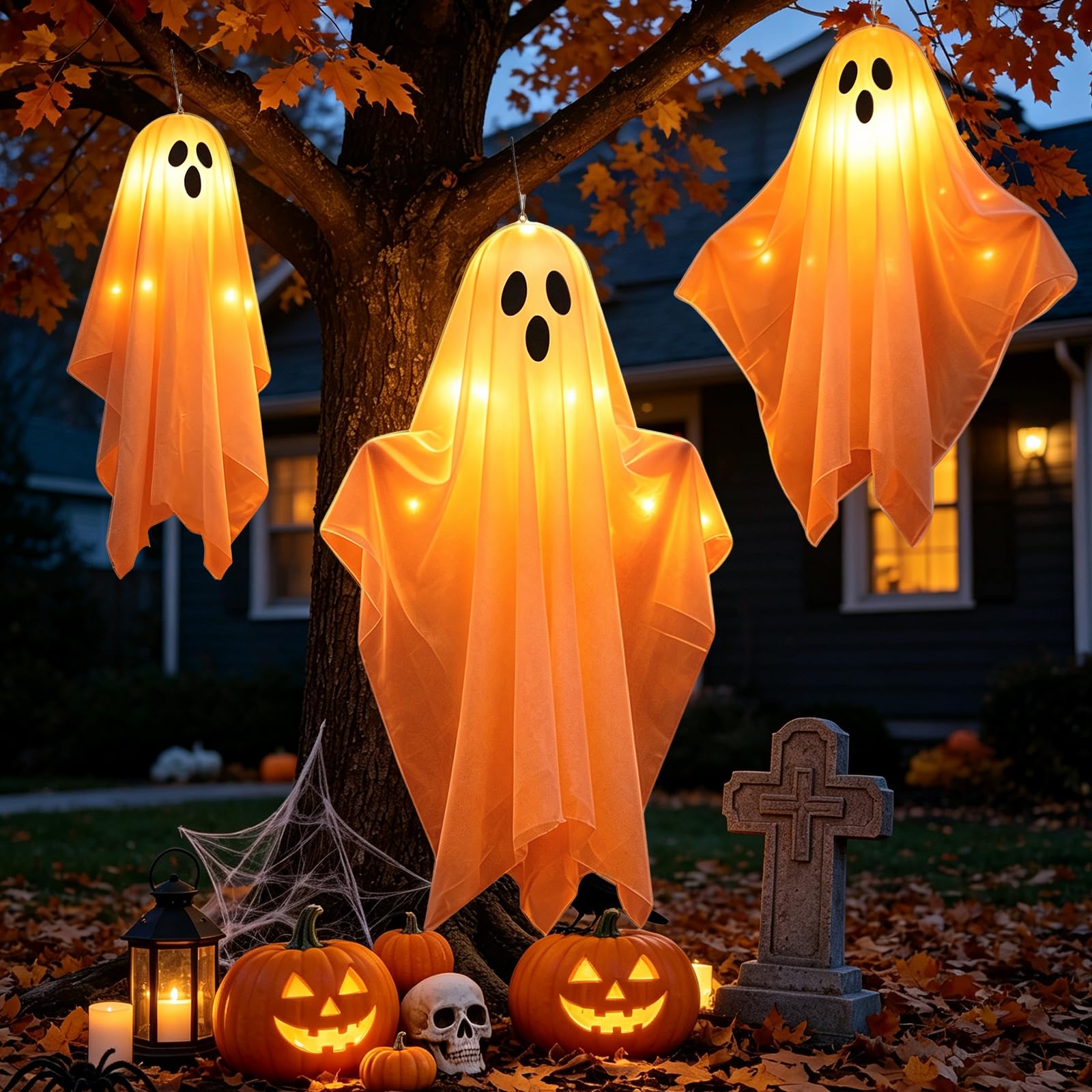 iDLEHANDS Halloween Decor, 3 Pack Halloween Hanging Ghosts with Light | 18.5 x 17.7" Ghosts Ornaments Decorations for Yard, Tree, Porch, Window and Halloween Party Outdoor Indoor Decor, Orange