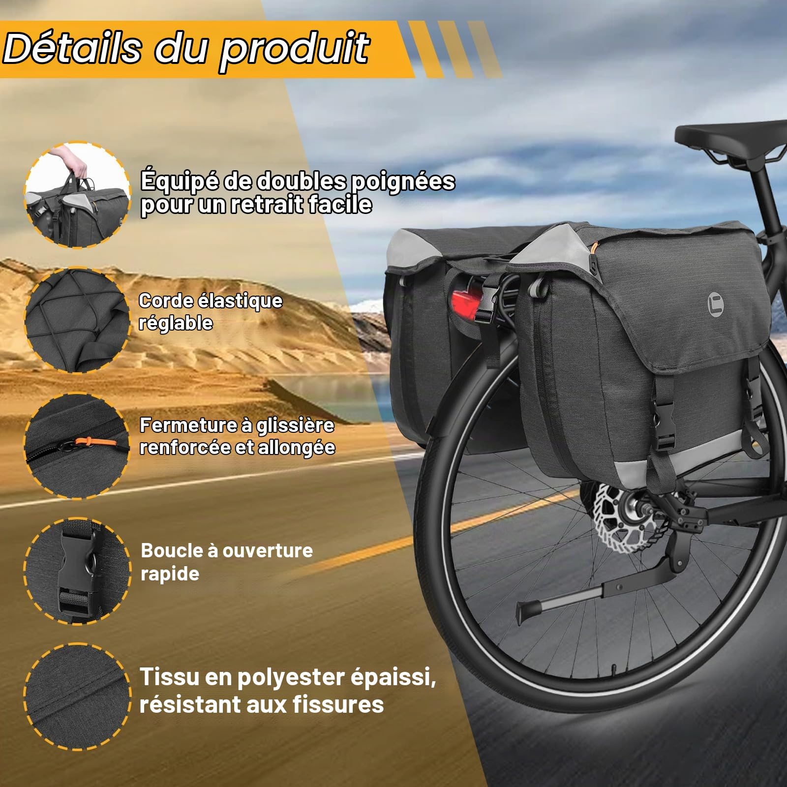 Sacoche Vélo avec Réflecteurs Housse Pluie & Poignée, Sacoches Porte Bagage Arrière Imperméable, Accessoire Voyage Sac Bagages Selle Bilatéral Etanche Multifonction pour VTT, Électrique, Navetteur