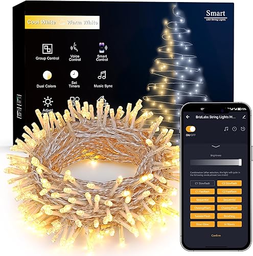 Brizled Luces de Navidad inteligentes, 66 pies, 200 luces LED de color blanco cálido y blanco frío que cambian de color, luces de hadas con control