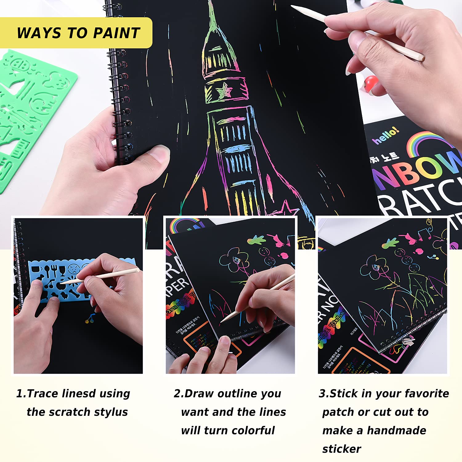 Scratch Art Natale, 48pcs Scratch Art Bambini, Carta Arcobaleno da Grattare, Graffiare l'Arte, 48 Nastri e 24 Bastoncini di Bambù, Accessori per Feste di Natale da Appendere all'Albero di Natale