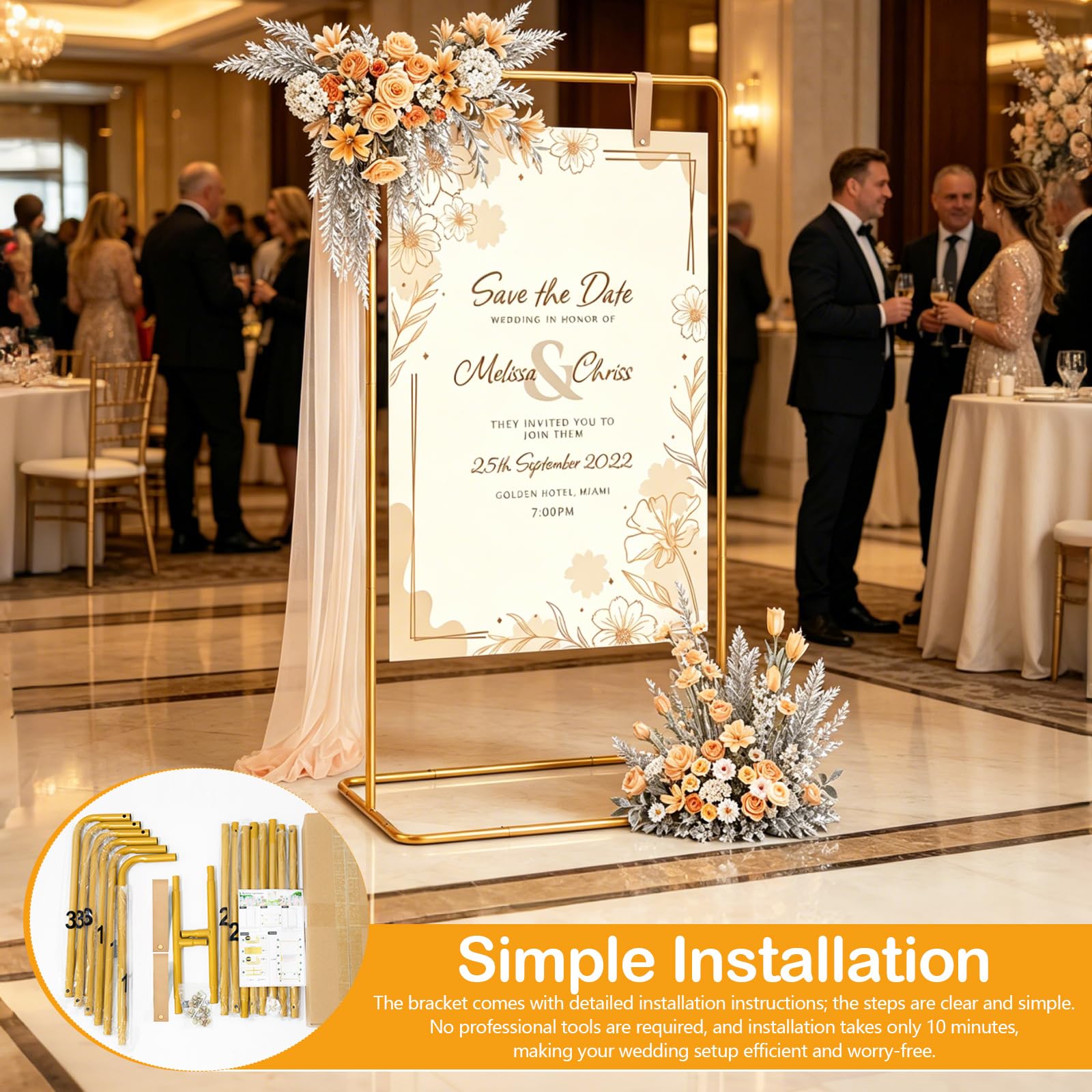 Willkommensschild Ständer Hochzeit 175x80x50cm Gold Metall Verstellbarer Posterhalter mit Lichterkette