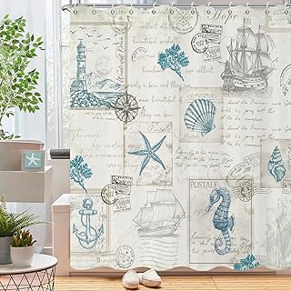 Nautical Coastal Shower Curtain, Vintage Starfish Starfish Seashell Seahorse Sailboat Compass Lighthouse Anchor Ocean Beach Themed Bathroom Curtain Waterproof with Hooks, 72