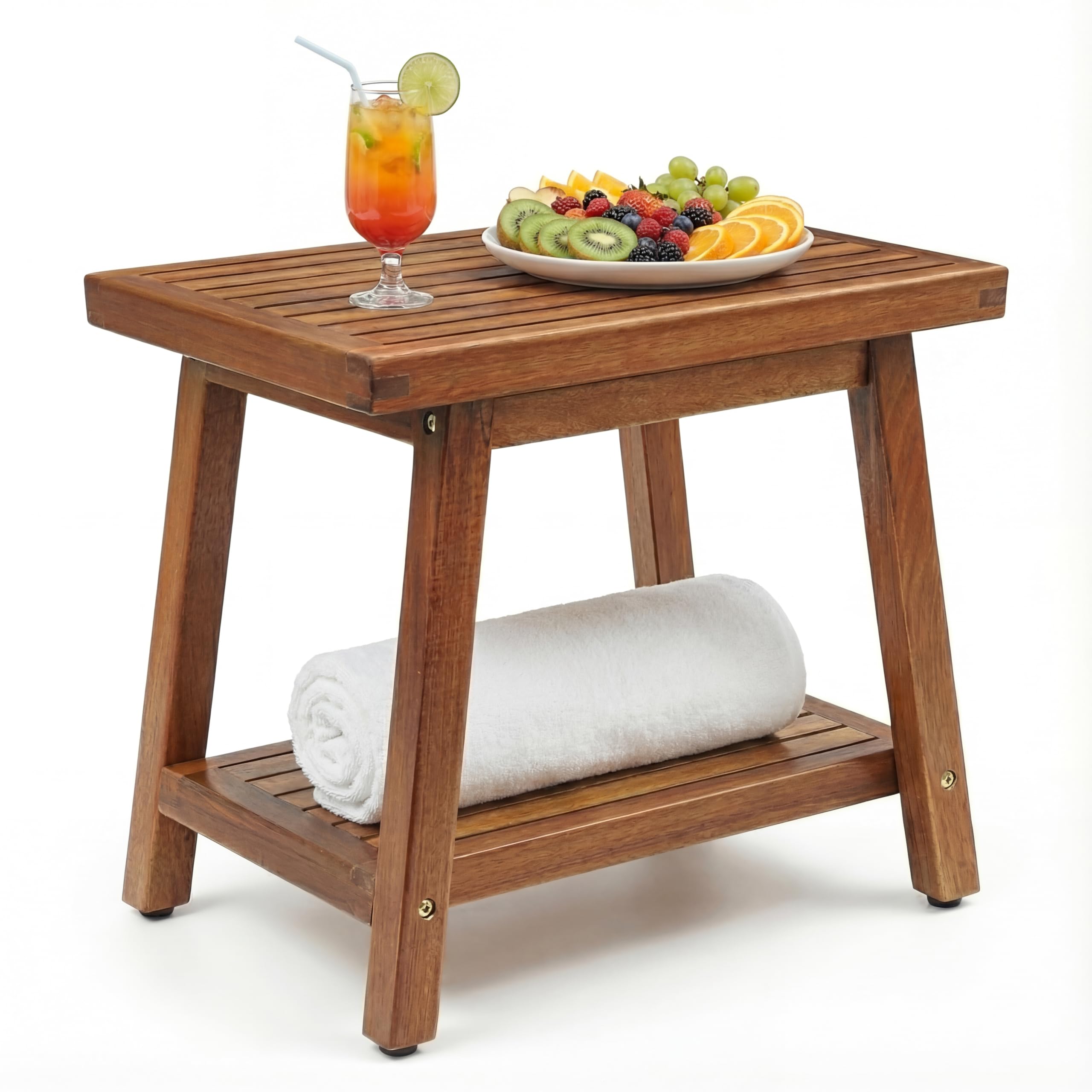 ENKEZI Acacia 16 Inches Outdoor Side Table, 2-Tier Sturdy Patio, End Table Weather Resistant, Strong Stability Side Table for Patio, Pool, Porch, Teak Finish