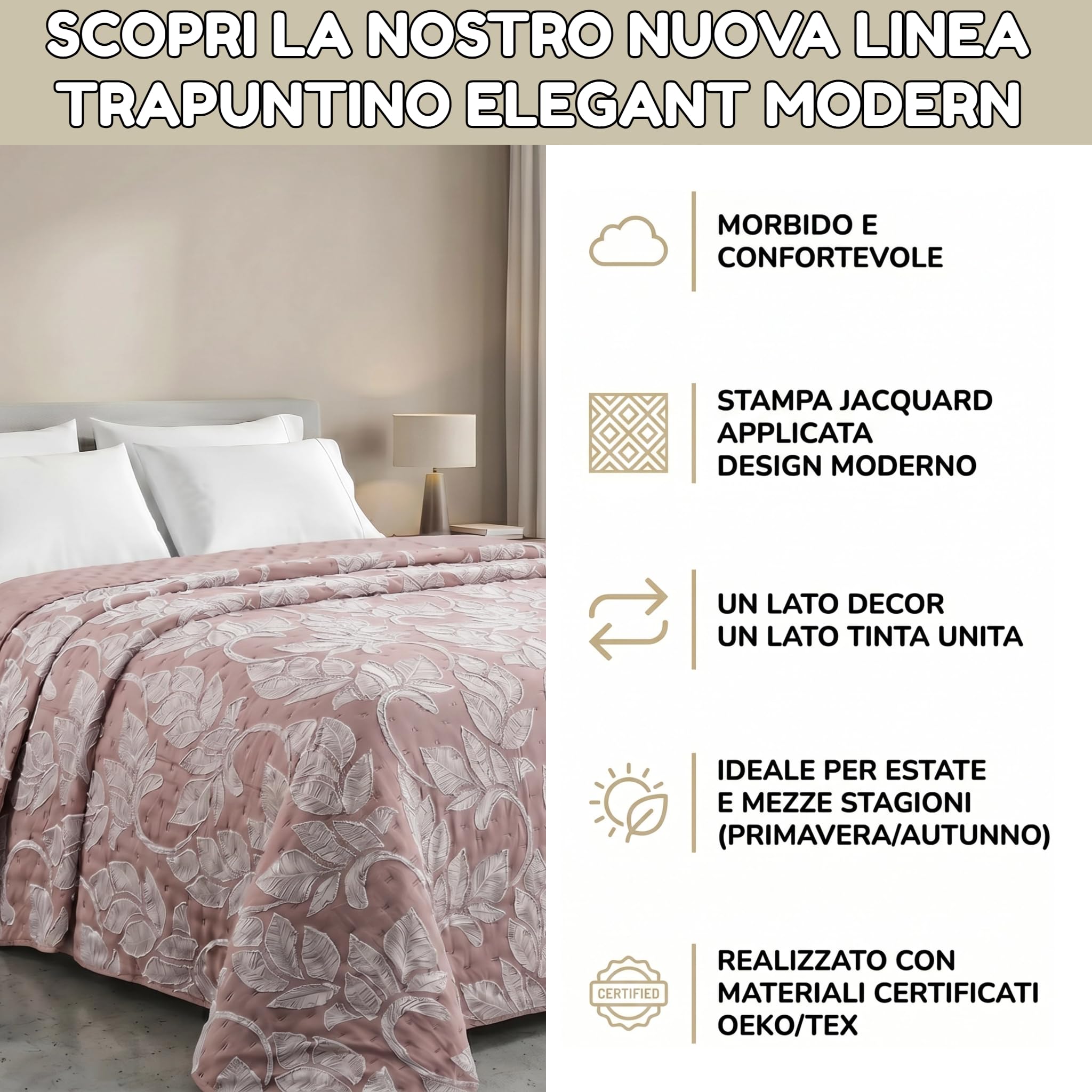 Riad Arredo Trapuntino Matrimoniale Primaverile Estivo Double Face Ricamato Morbida Microfibra 250x250 cm - Copriletto Trapuntato Leggero Elegante Moderno Anallergico (Clipper Rosa Antico)