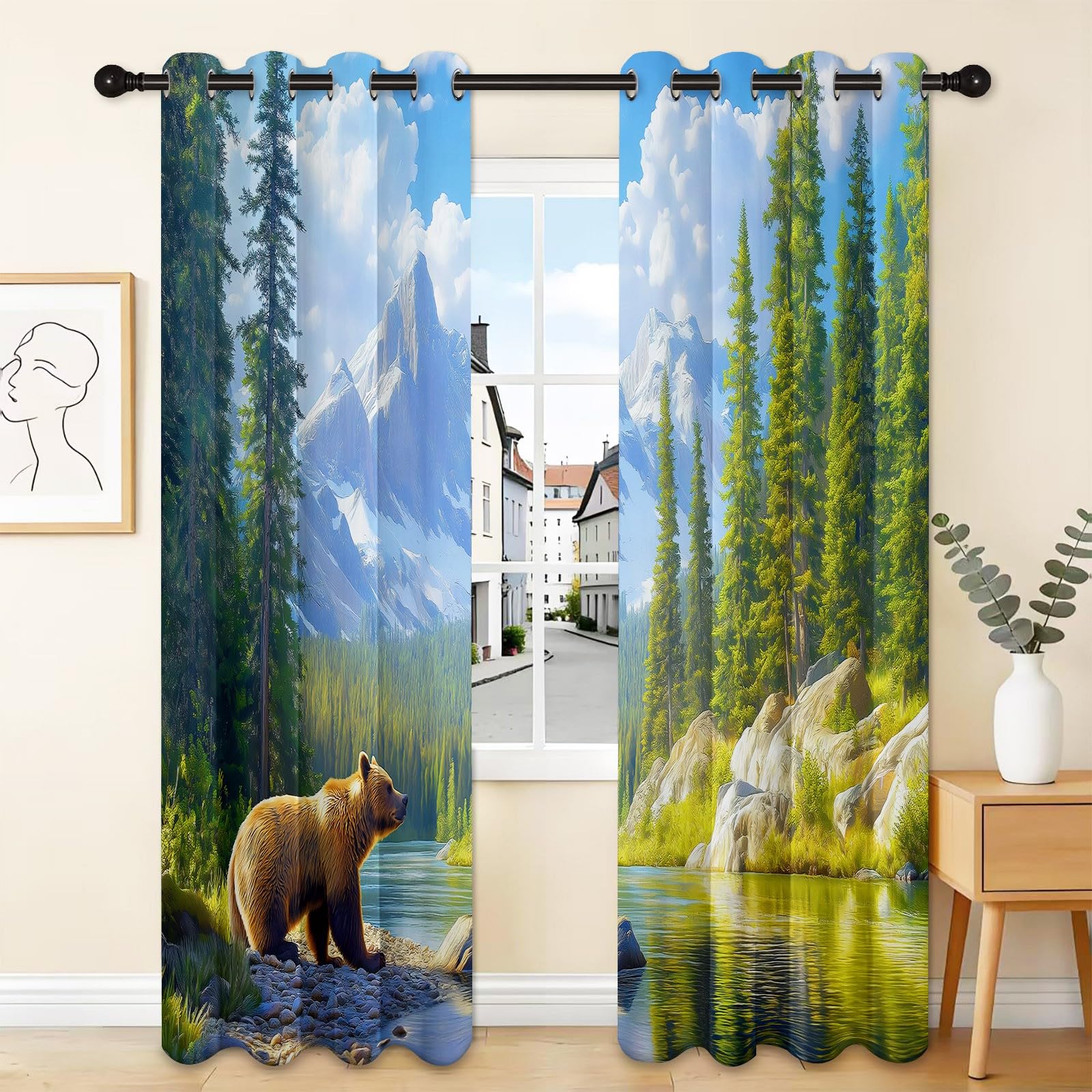 Zasłony zaciemniające z nadrukiem, 140 x 250 cm, zwierzęta grizzly niedźwiedź las strumień izolacja termiczna, zasłony redukujące hałas, energooszczędne, w pełni wyściełane, zasłony blokujące światło