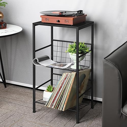 Miniatura 4 de Soporte para tocadiscos de 3 niveles, soporte de vinilo pequeño con almacenamiento de álbumes, mesa auxiliar negra para sala de estar, dormitorio,