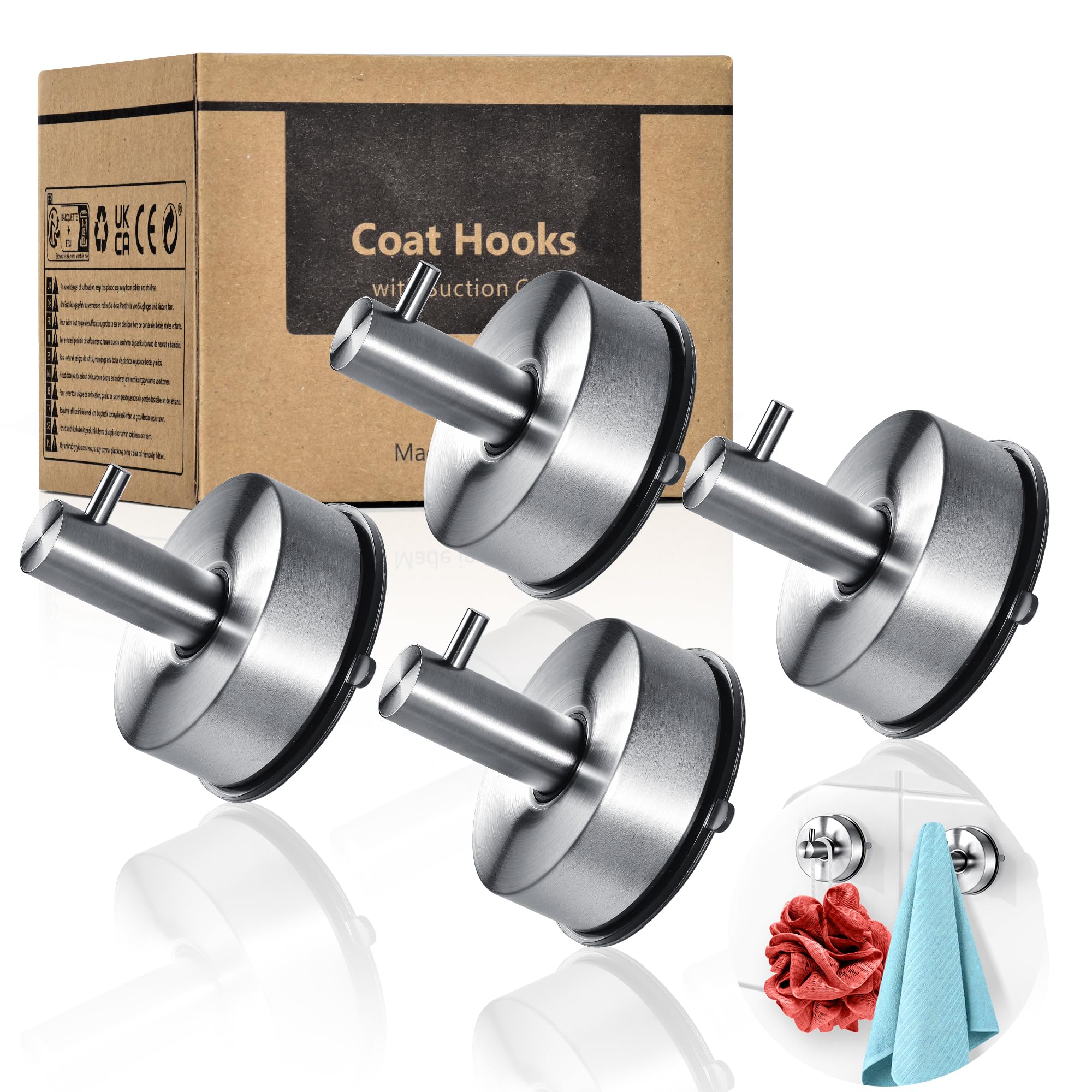YOHOM Suction Cup Hooks, Heavy Duty 5kg Stainless Steel Shower Hooks, Bathroom Towel Hooks & Robe Hooks with Strong Suction for Glass, Window, Door - Waterproof Coat Hangers，4 pcs, Brushed Silver